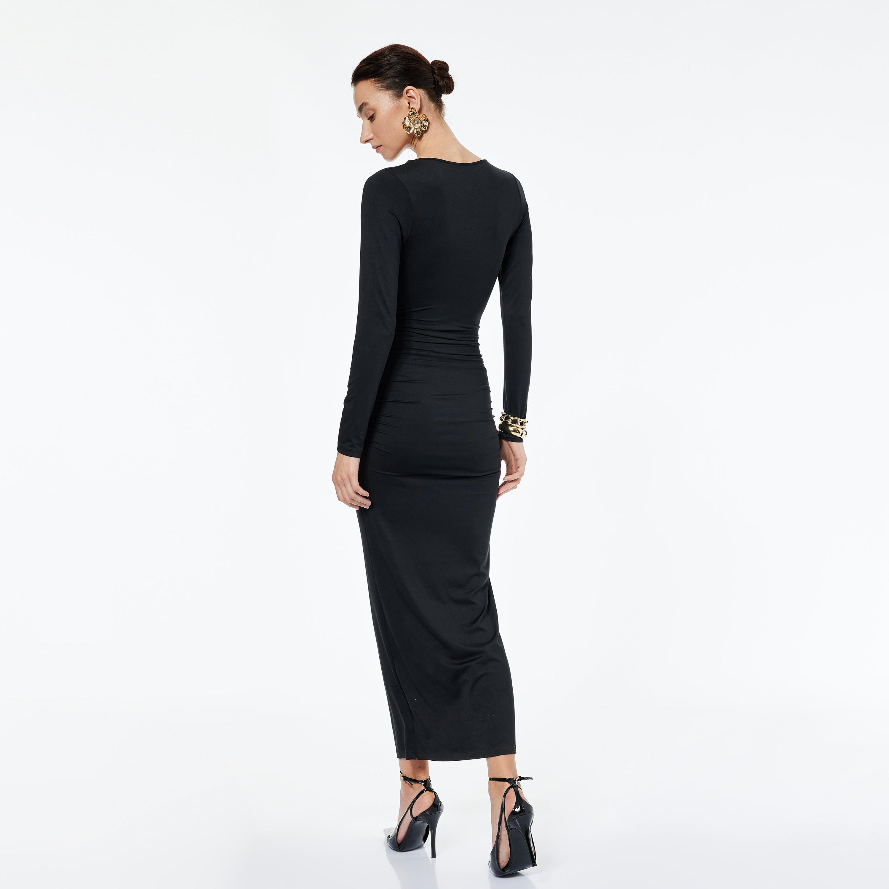 KOTON Black Ruched Plunge Neck Bodycon Women's Midi Dress-women-clothing-dresses-image-4