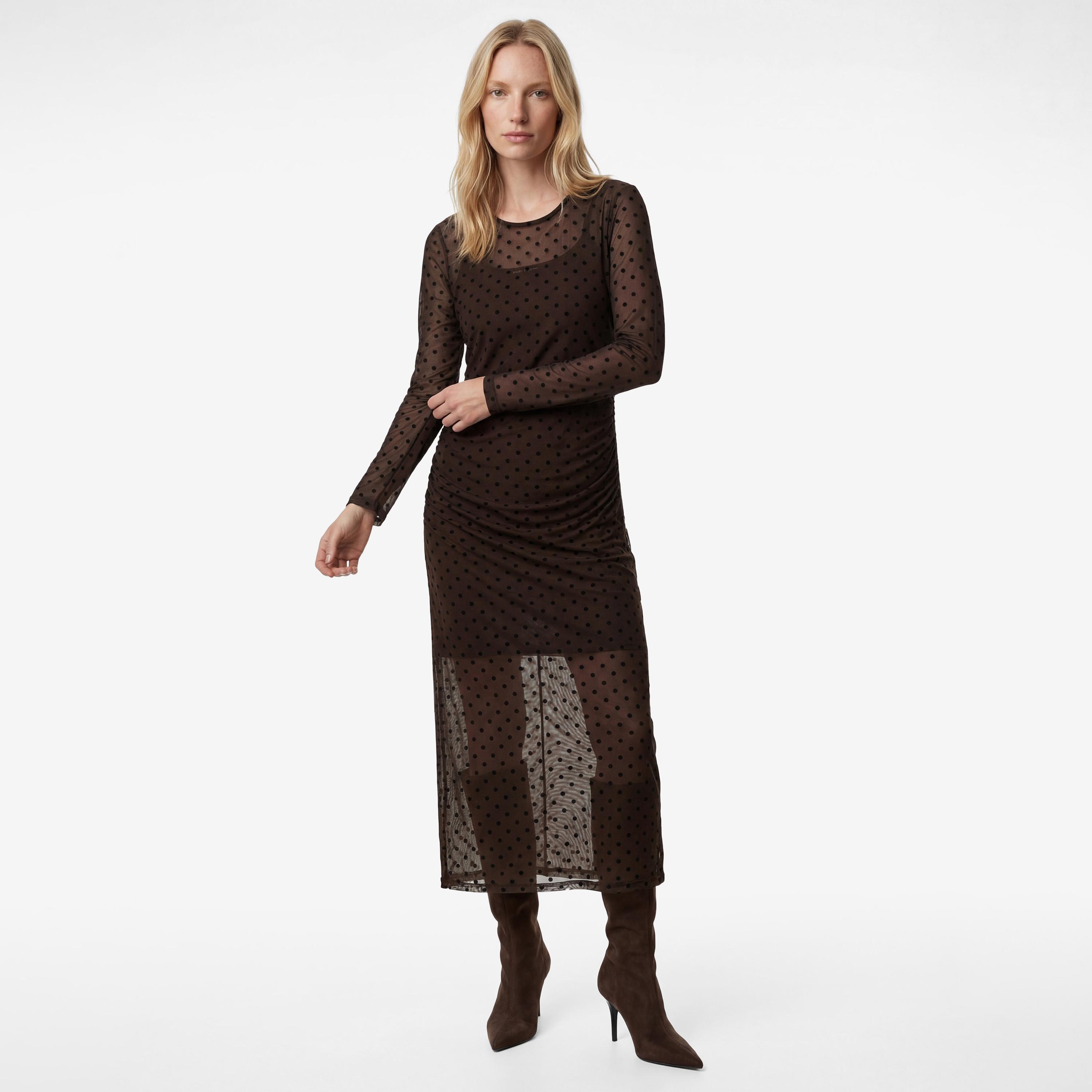فستان ميدي نسائي "شيث" بطبعة "بولكا دوت" منقطة بلون بني من كوتون-women-clothing-dresses-image-1