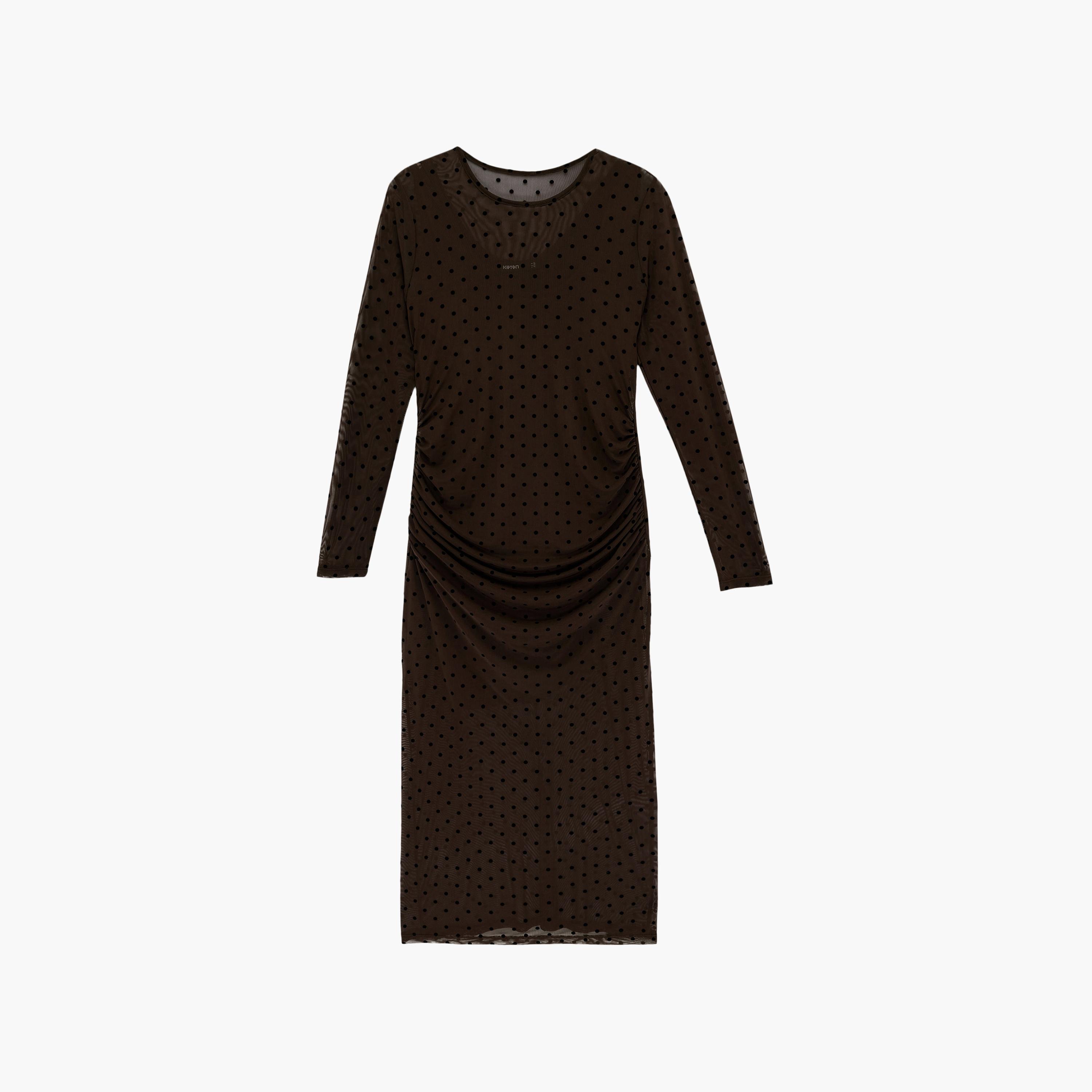 فستان ميدي نسائي "شيث" بطبعة "بولكا دوت" منقطة بلون بني من كوتون-women-clothing-dresses-image-3