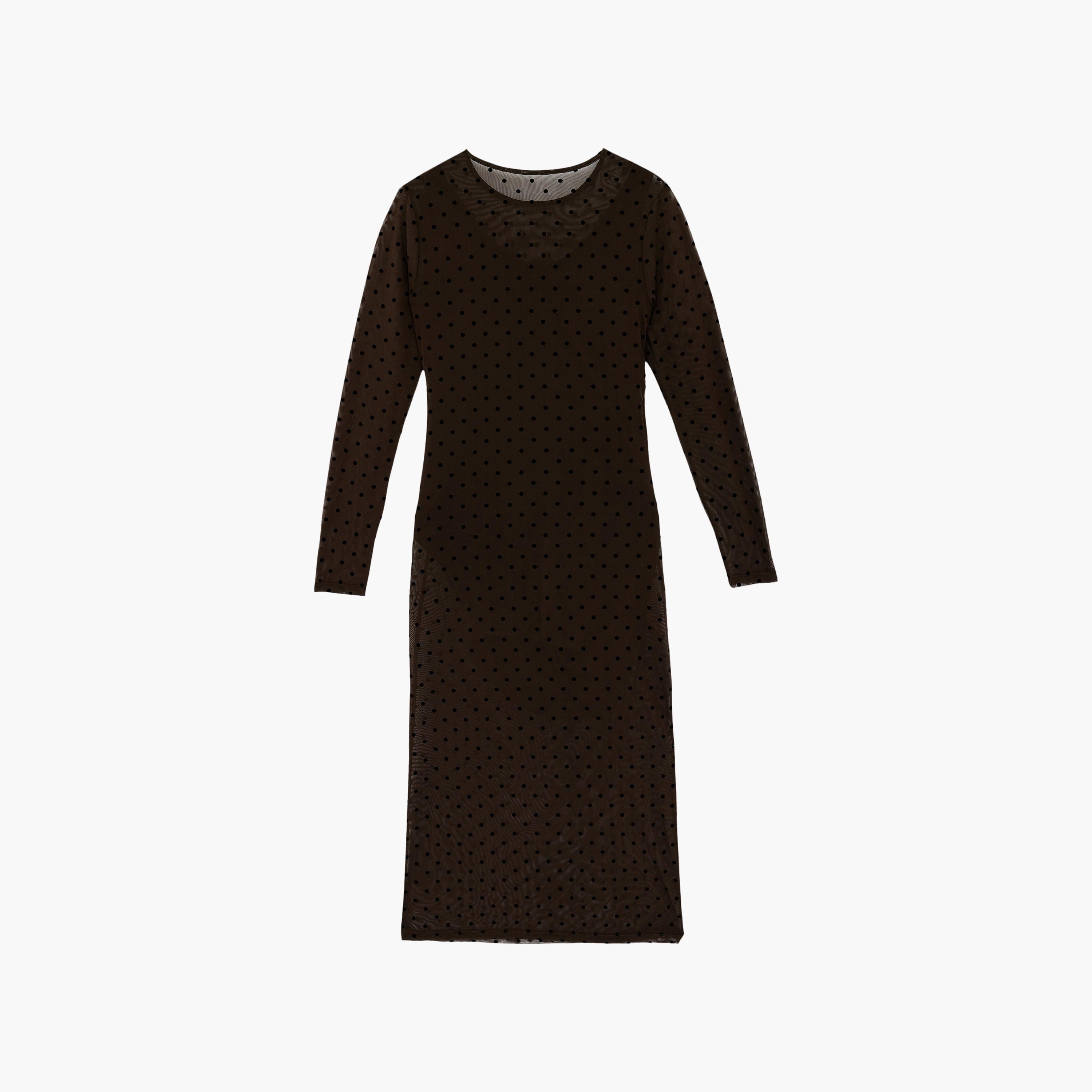 فستان ميدي نسائي "شيث" بطبعة "بولكا دوت" منقطة بلون بني من كوتون-women-clothing-dresses-image-4