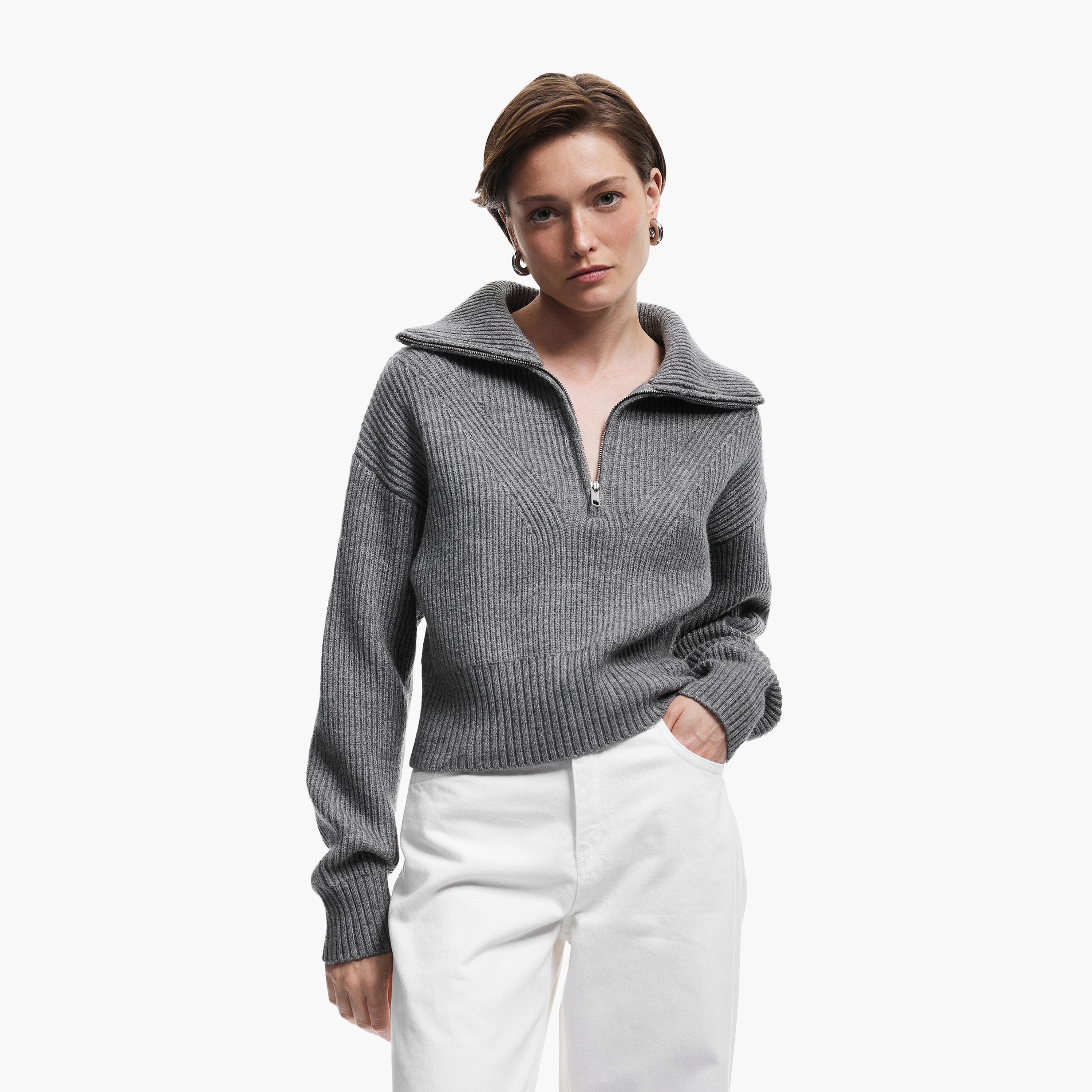 KOTON Grey Ribbed Collared Women's Sweater-women-winterwear-cardigansandjumpers-jumpers-image-1