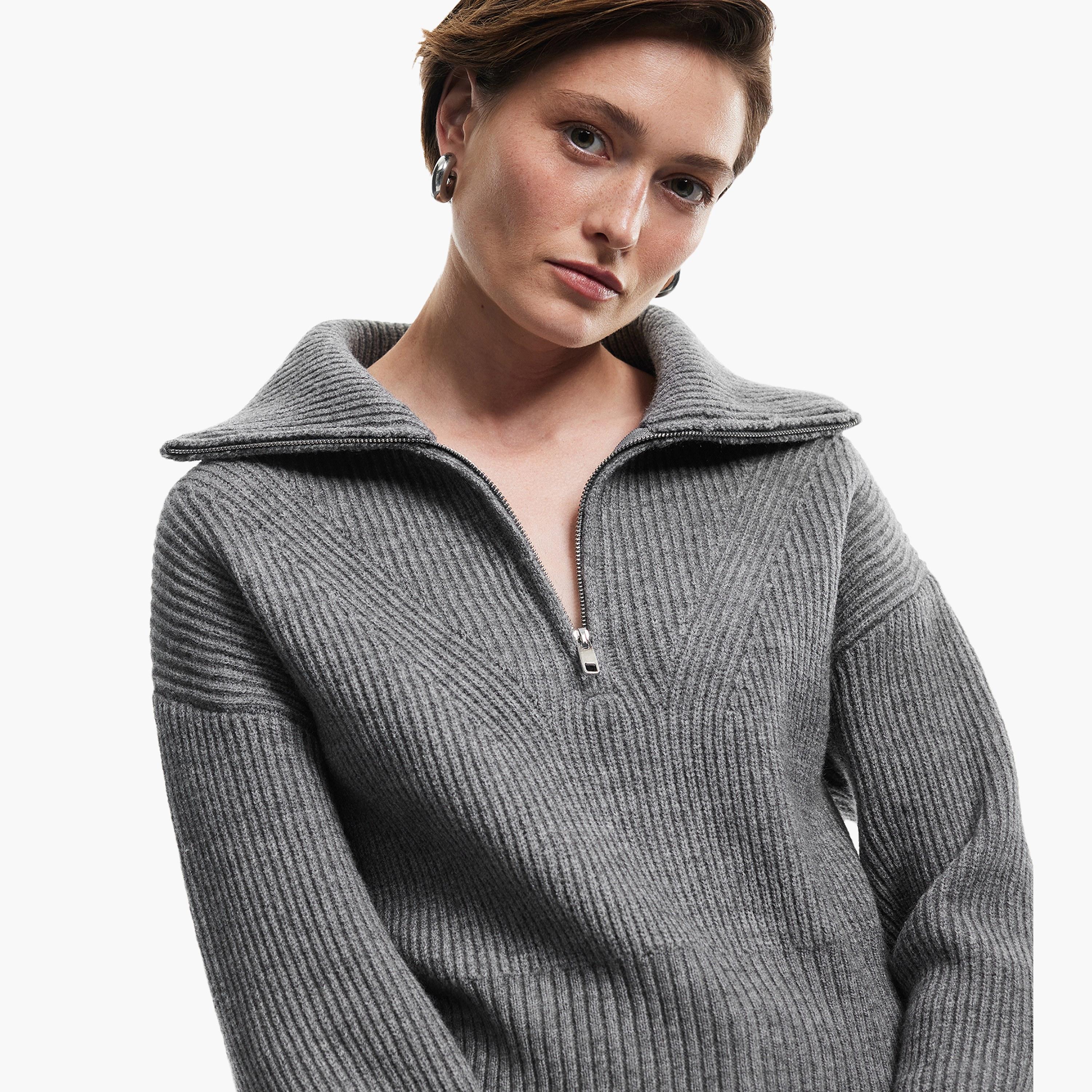 KOTON Grey Ribbed Collared Women's Sweater-women-winterwear-cardigansandjumpers-jumpers-image-2