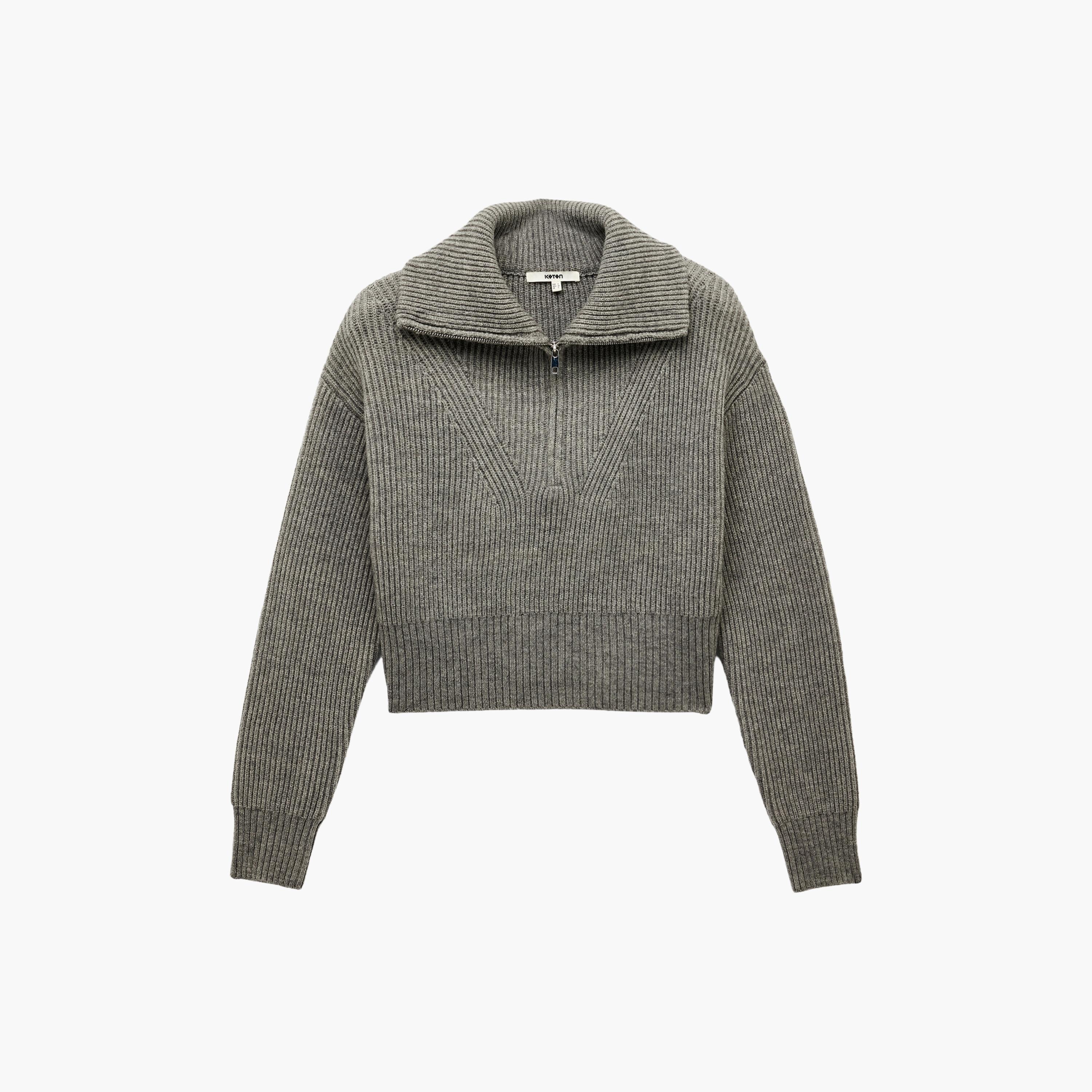 KOTON Grey Ribbed Collared Women's Sweater-women-winterwear-cardigansandjumpers-jumpers-image-3