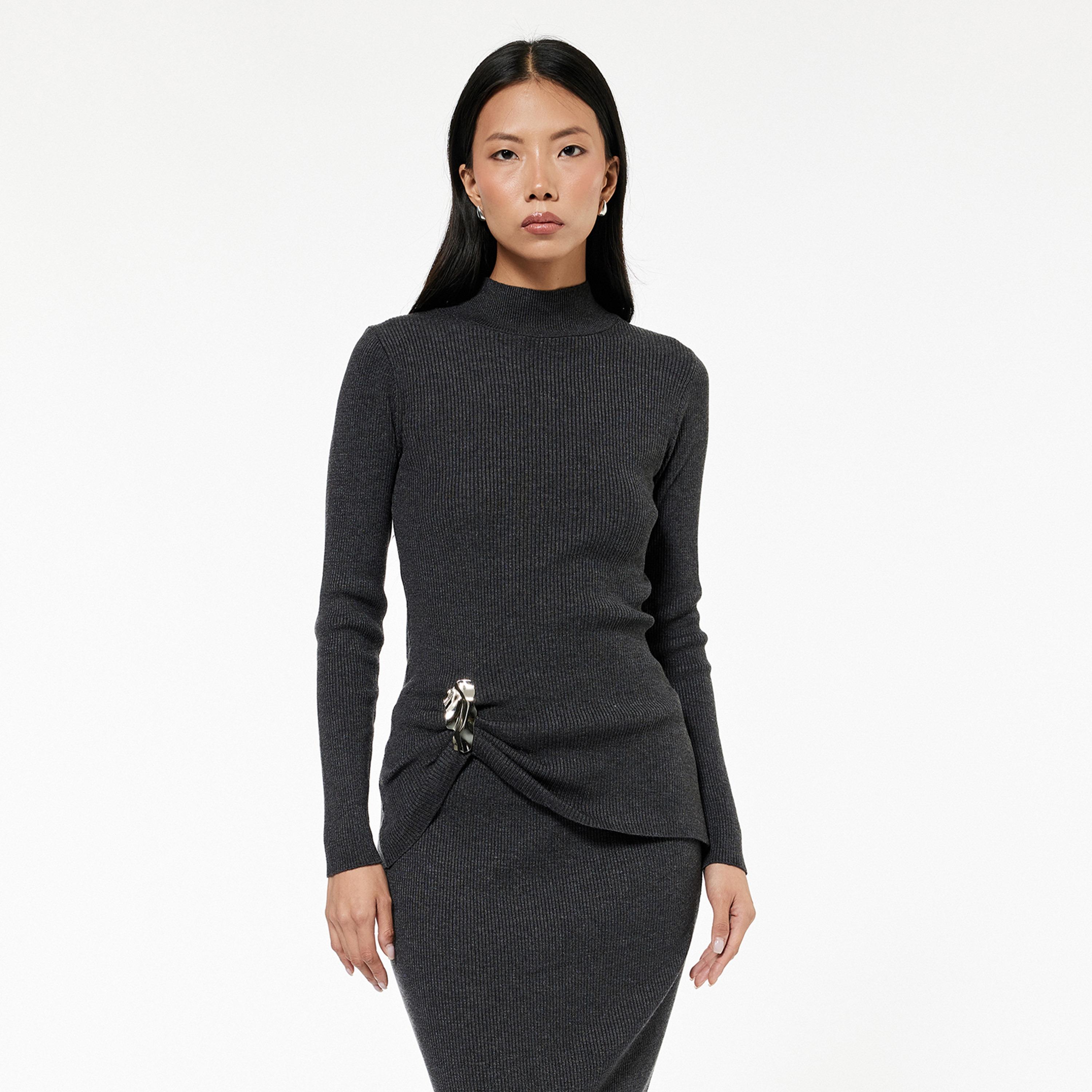 KOTON Charcoal Ribbed Mock Neck Women's Sweater-women-winterwear-cardigansandjumpers-jumpers-image-1