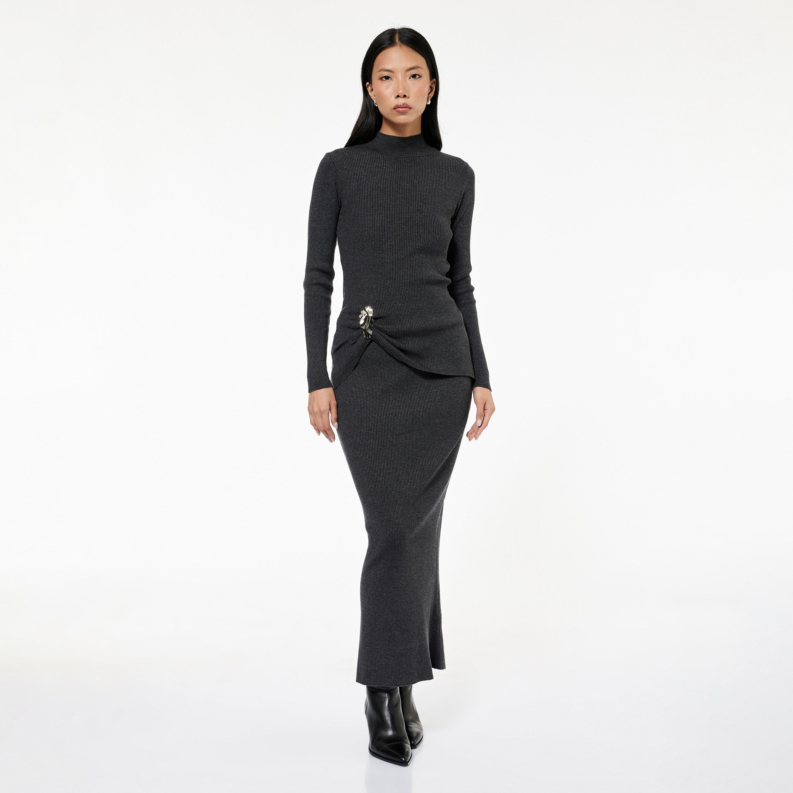 KOTON Charcoal Ribbed Mock Neck Women's Sweater-women-winterwear-cardigansandjumpers-jumpers-image-2