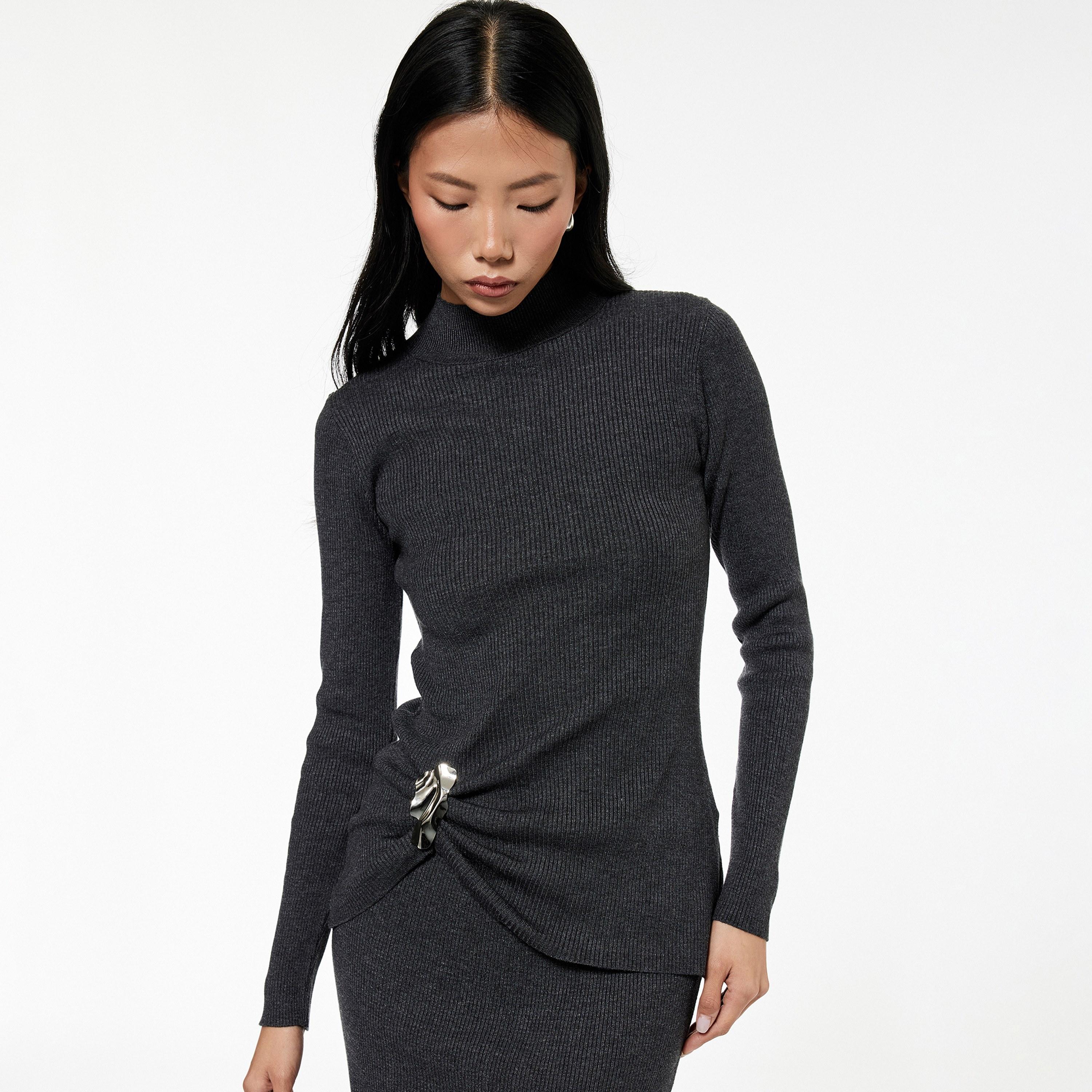 KOTON Charcoal Ribbed Mock Neck Women's Sweater-women-winterwear-cardigansandjumpers-jumpers-image-3