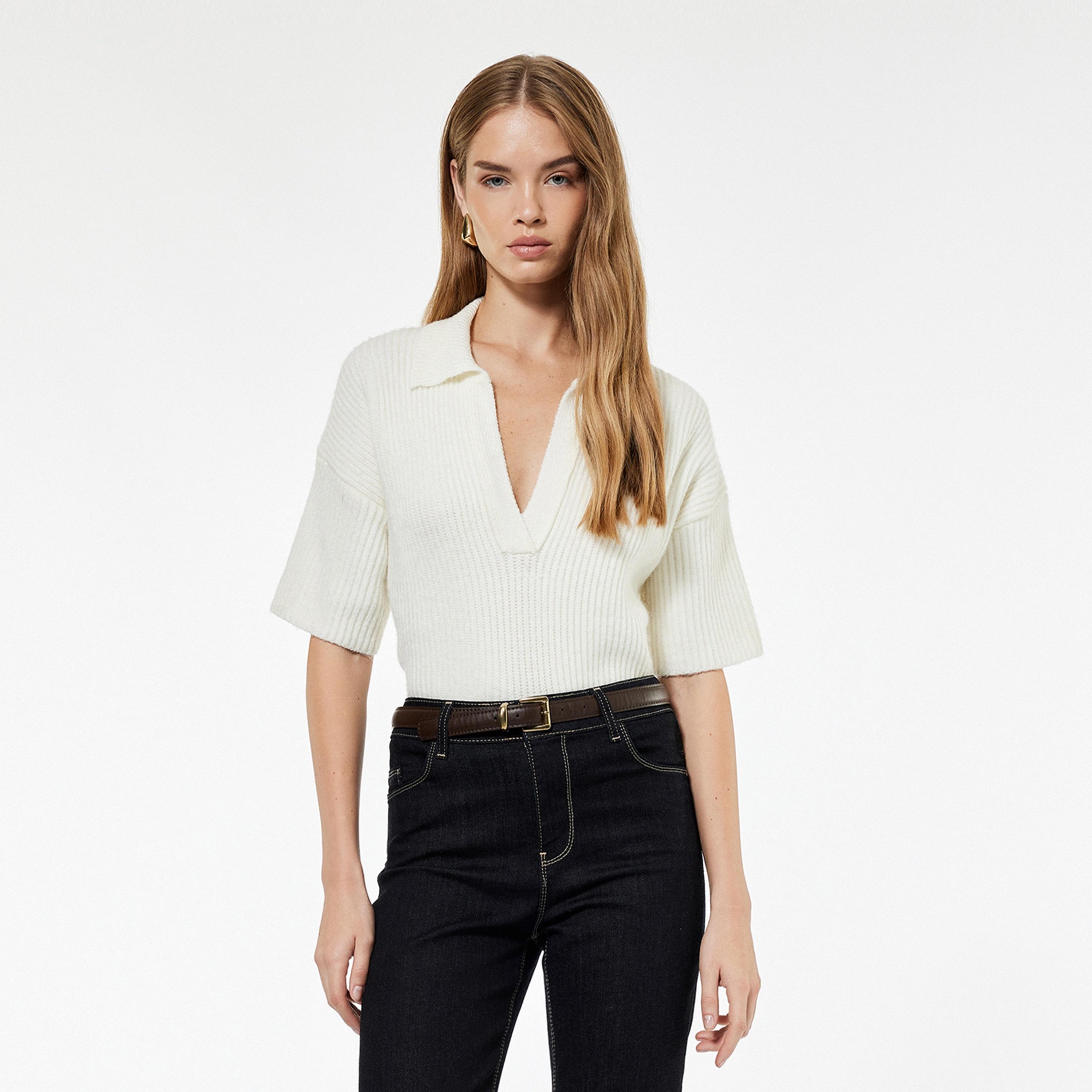 KOTON Off-White Ribbed Jonny Collar Dropped Sleeves Women's Sweater-women-winterwear-cardigansandjumpers-jumpers-image-1