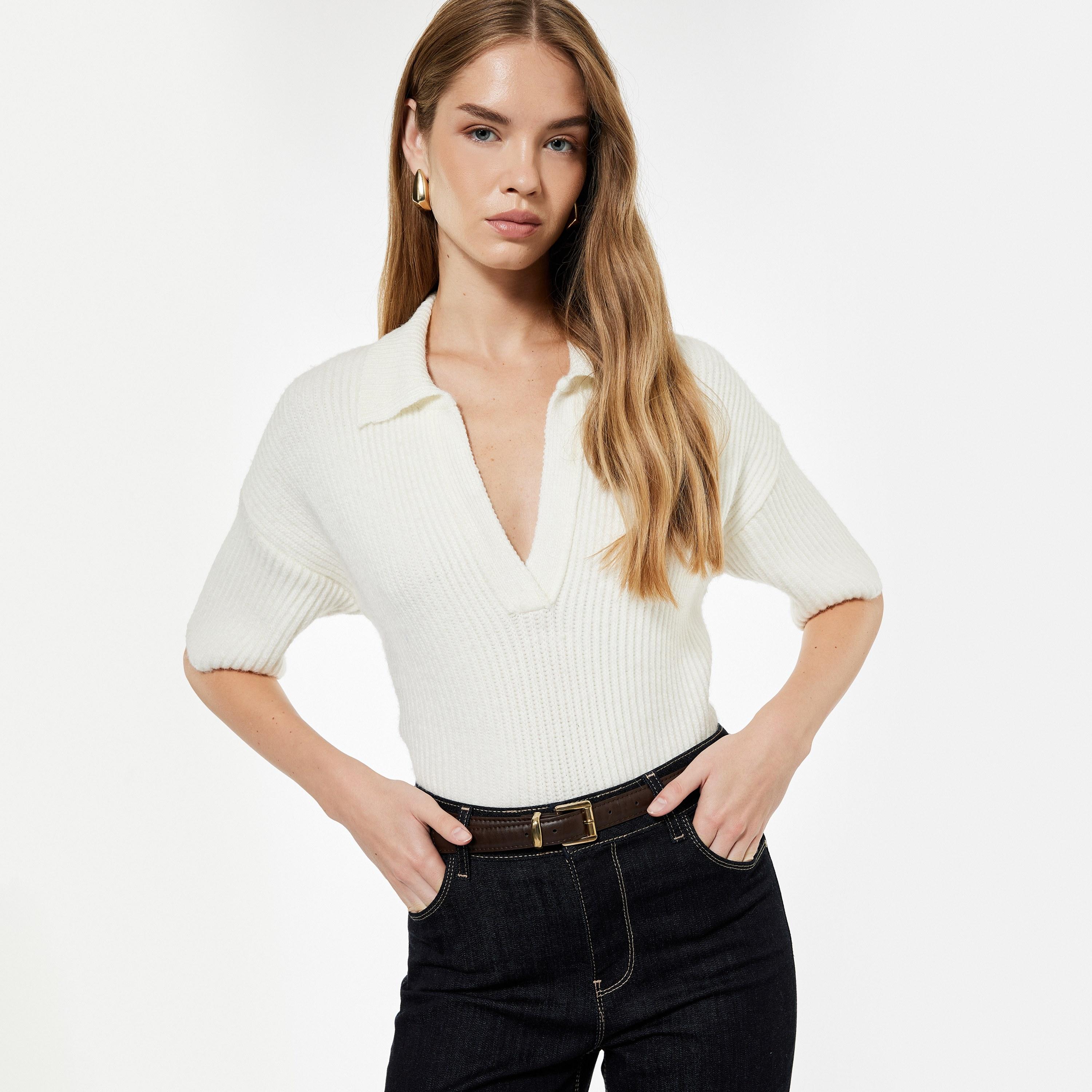 KOTON Off-White Ribbed Jonny Collar Dropped Sleeves Women's Sweater-women-winterwear-cardigansandjumpers-jumpers-image-3