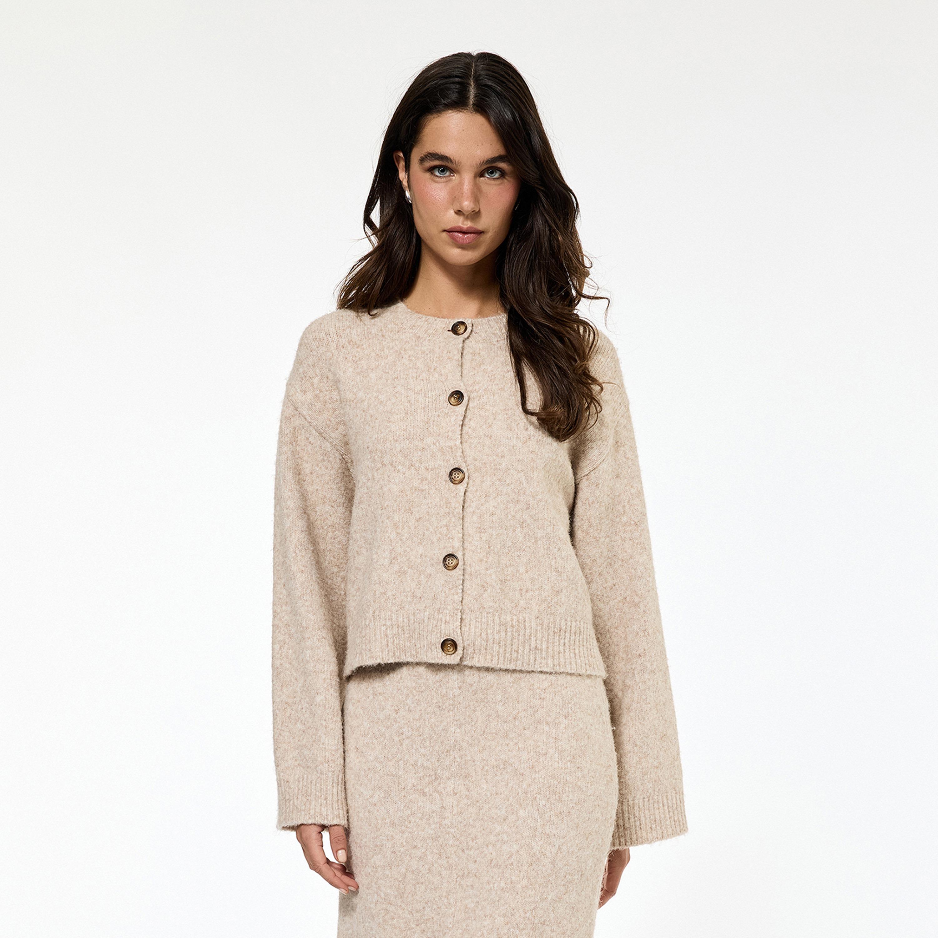 KOTON Beige Round Neck Dropped Sleeves Women's Cardigan-women-clothing-cardigansandjumpers-cardigans-image-1