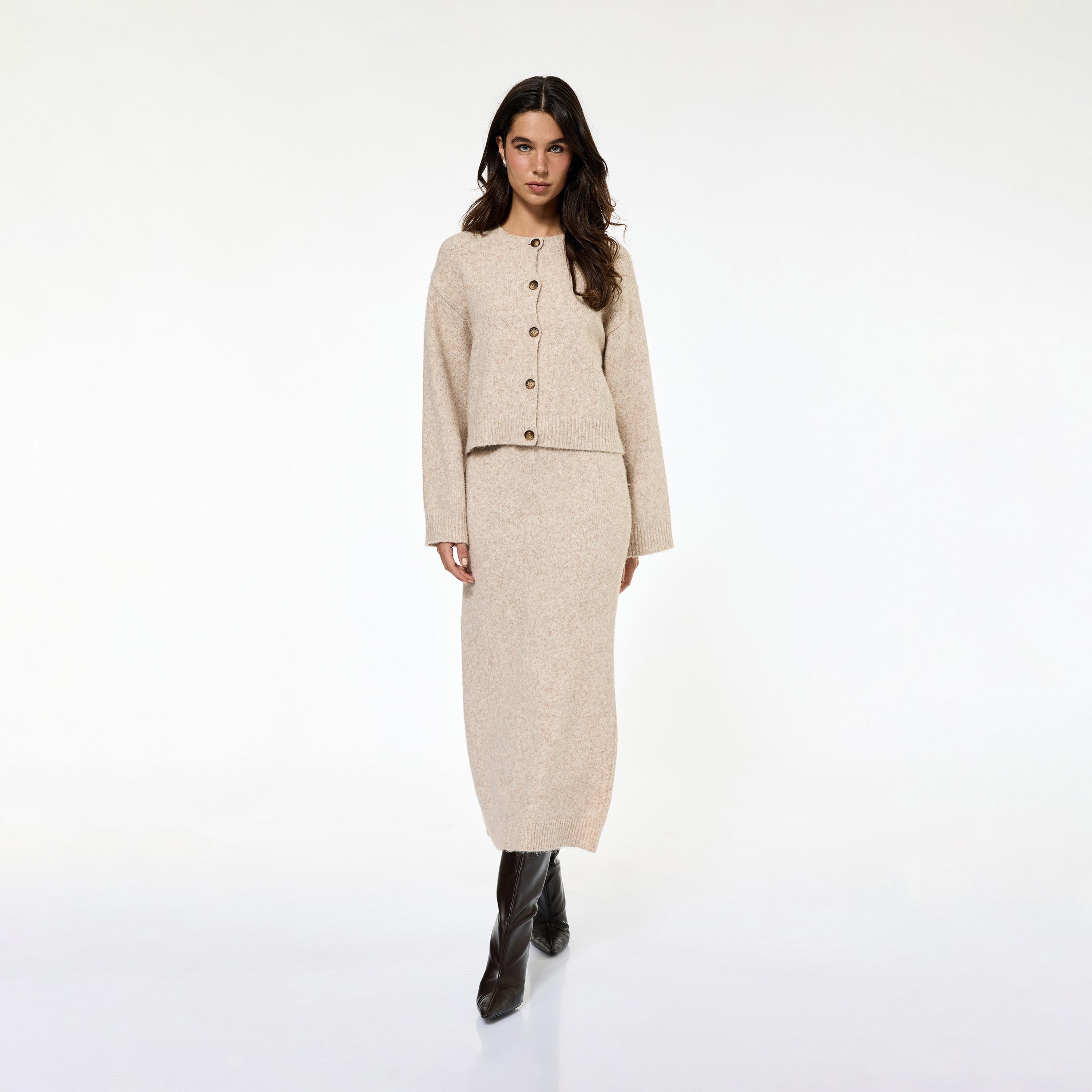 KOTON Beige Round Neck Dropped Sleeves Women's Cardigan-women-clothing-cardigansandjumpers-cardigans-image-2