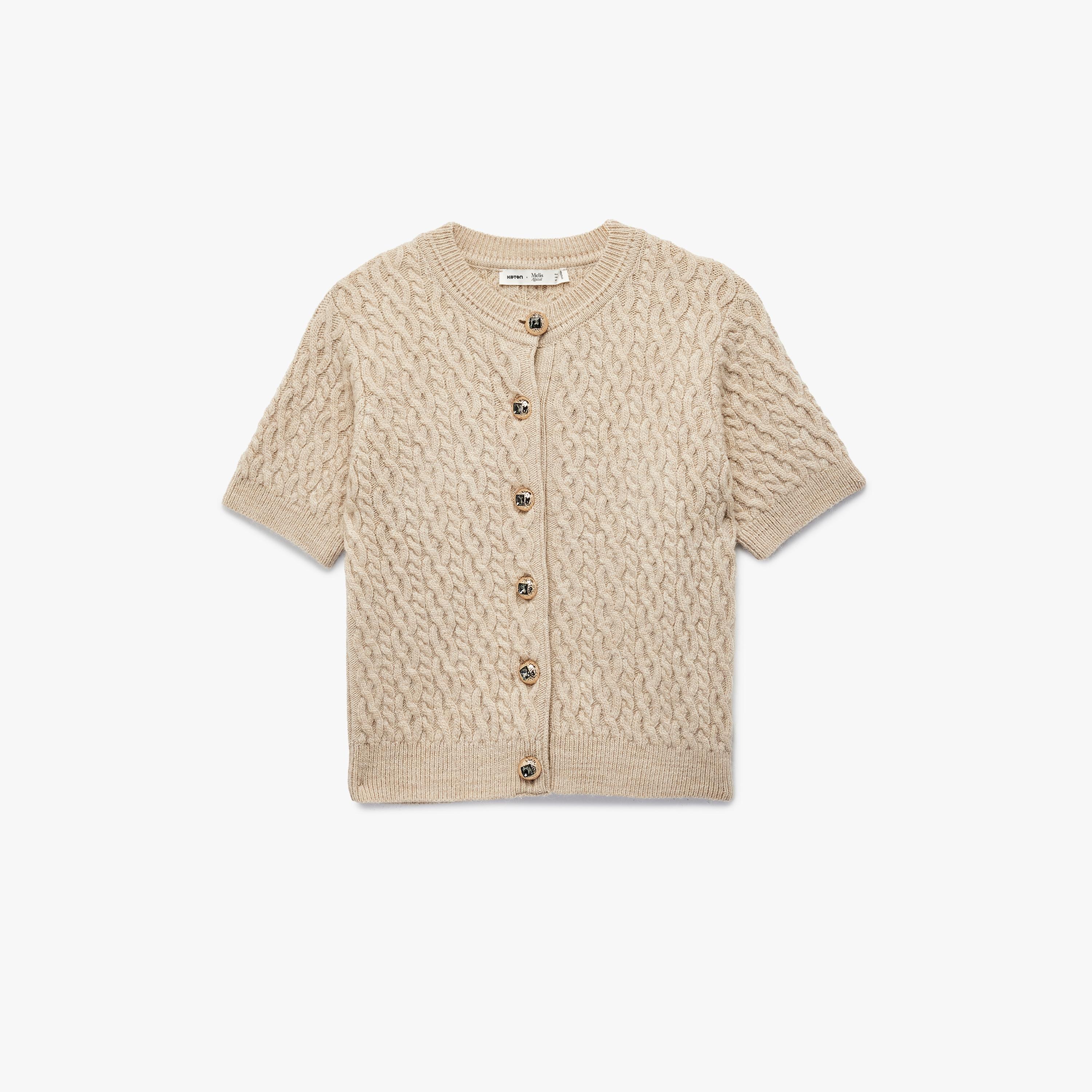 KOTON Beige Cable Knitted Round Neck Women's Cardigan-women-clothing-cardigansandjumpers-cardigans-image-3
