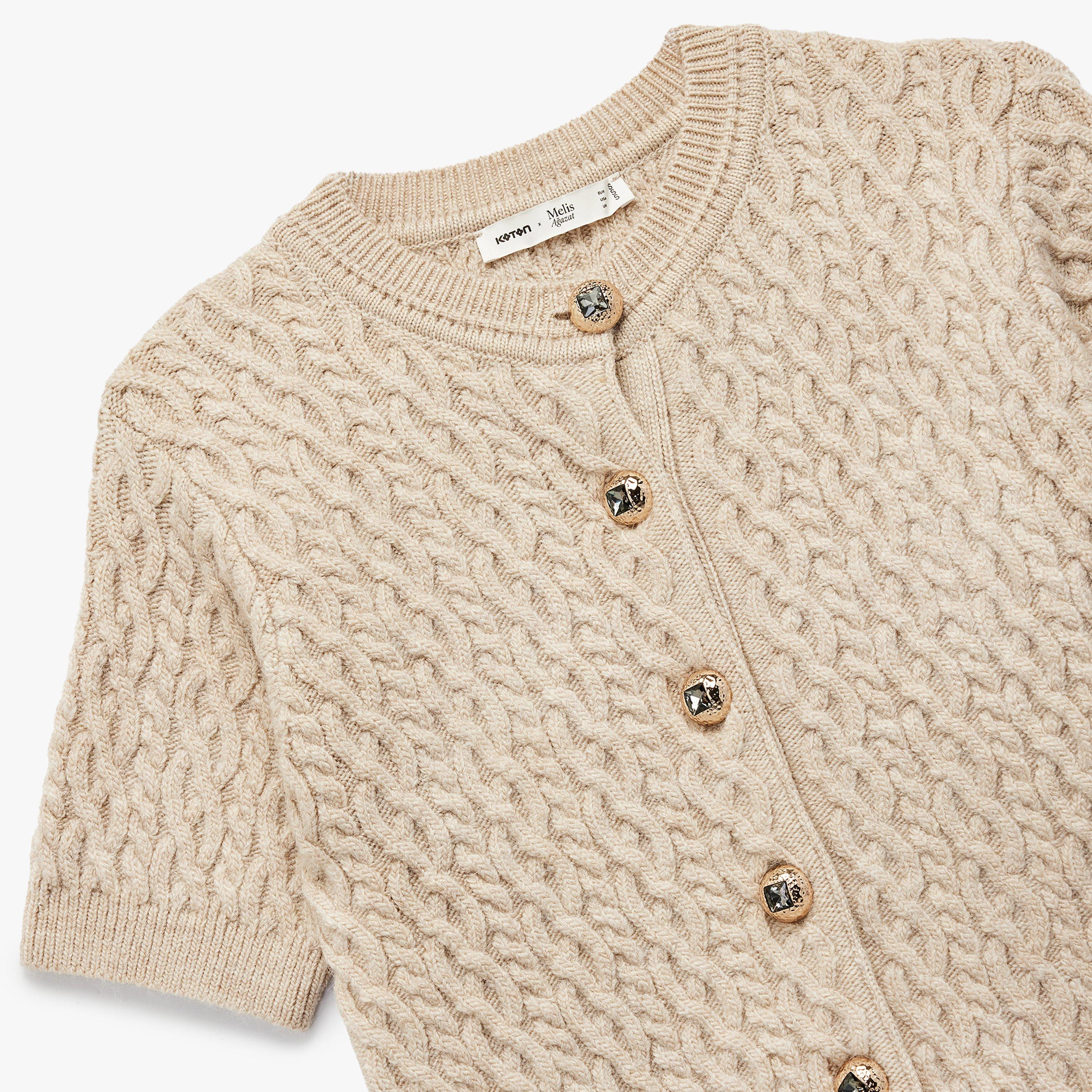KOTON Beige Cable Knitted Round Neck Women's Cardigan-women-clothing-cardigansandjumpers-cardigans-image-5
