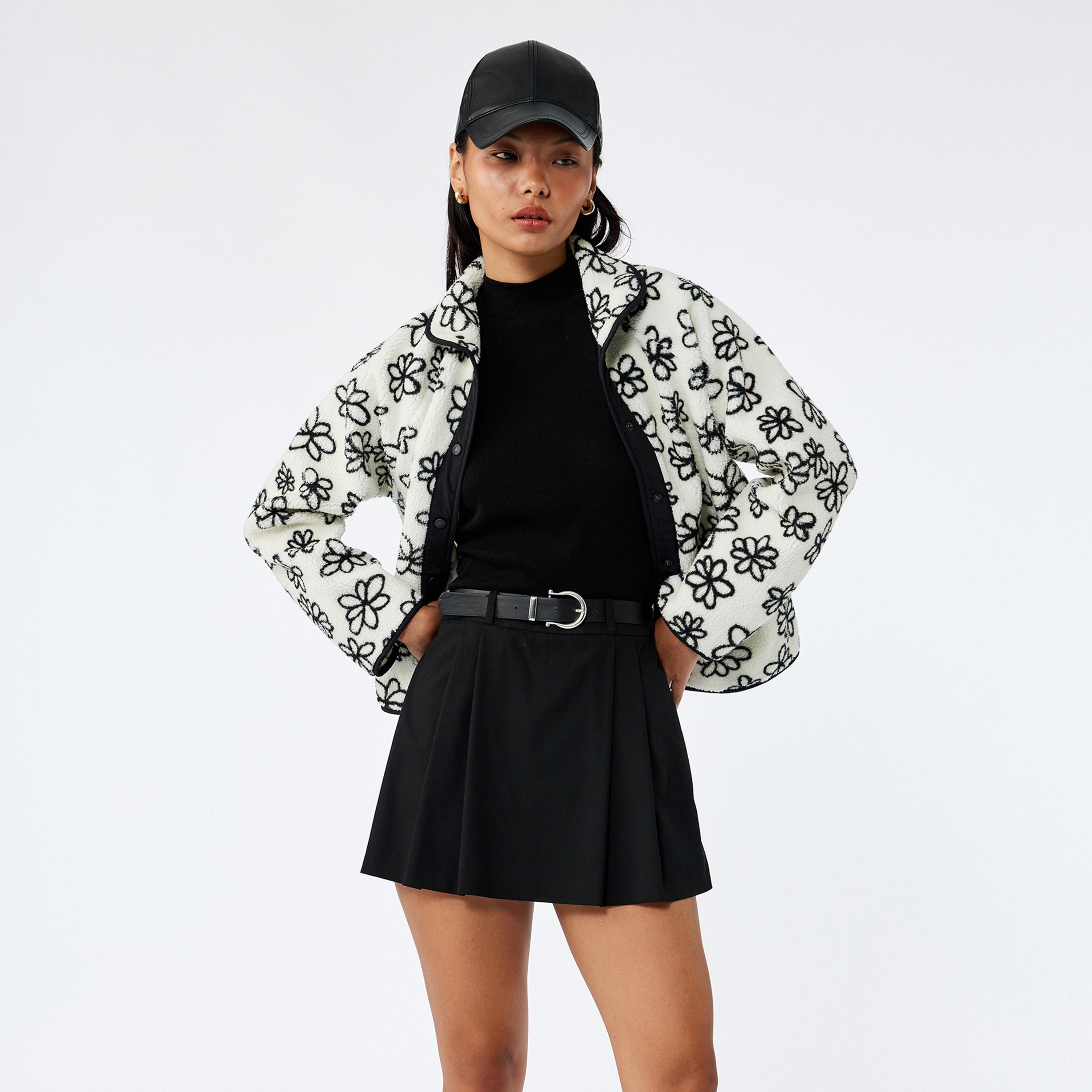 KOTON Black Floral Plush Collared Women's Coat-women-winterwear-coatsandjackets-coats-image-1