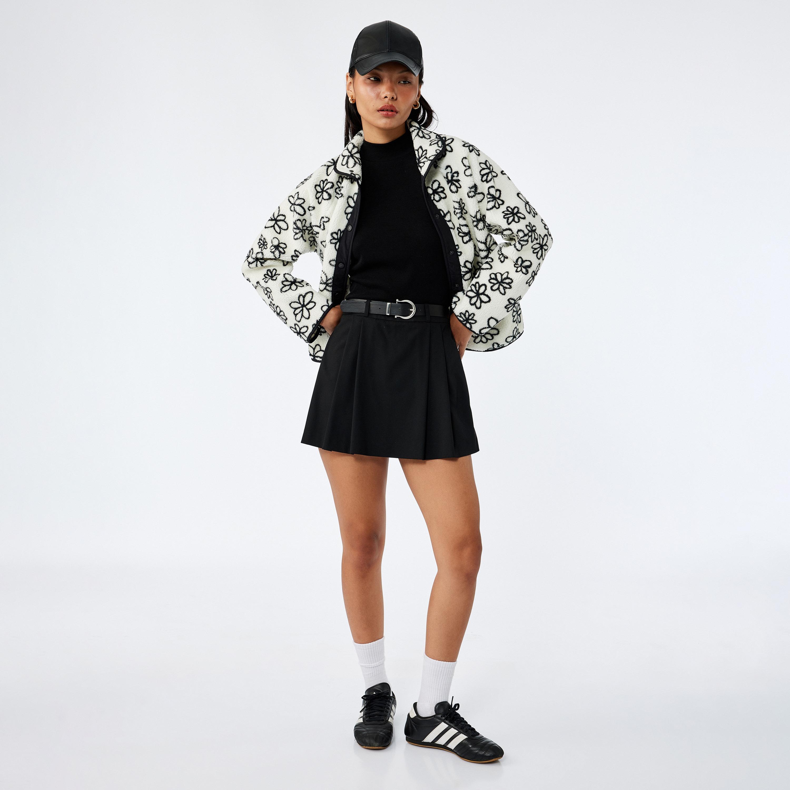 KOTON Black Floral Plush Collared Women's Coat-women-winterwear-coatsandjackets-coats-image-2