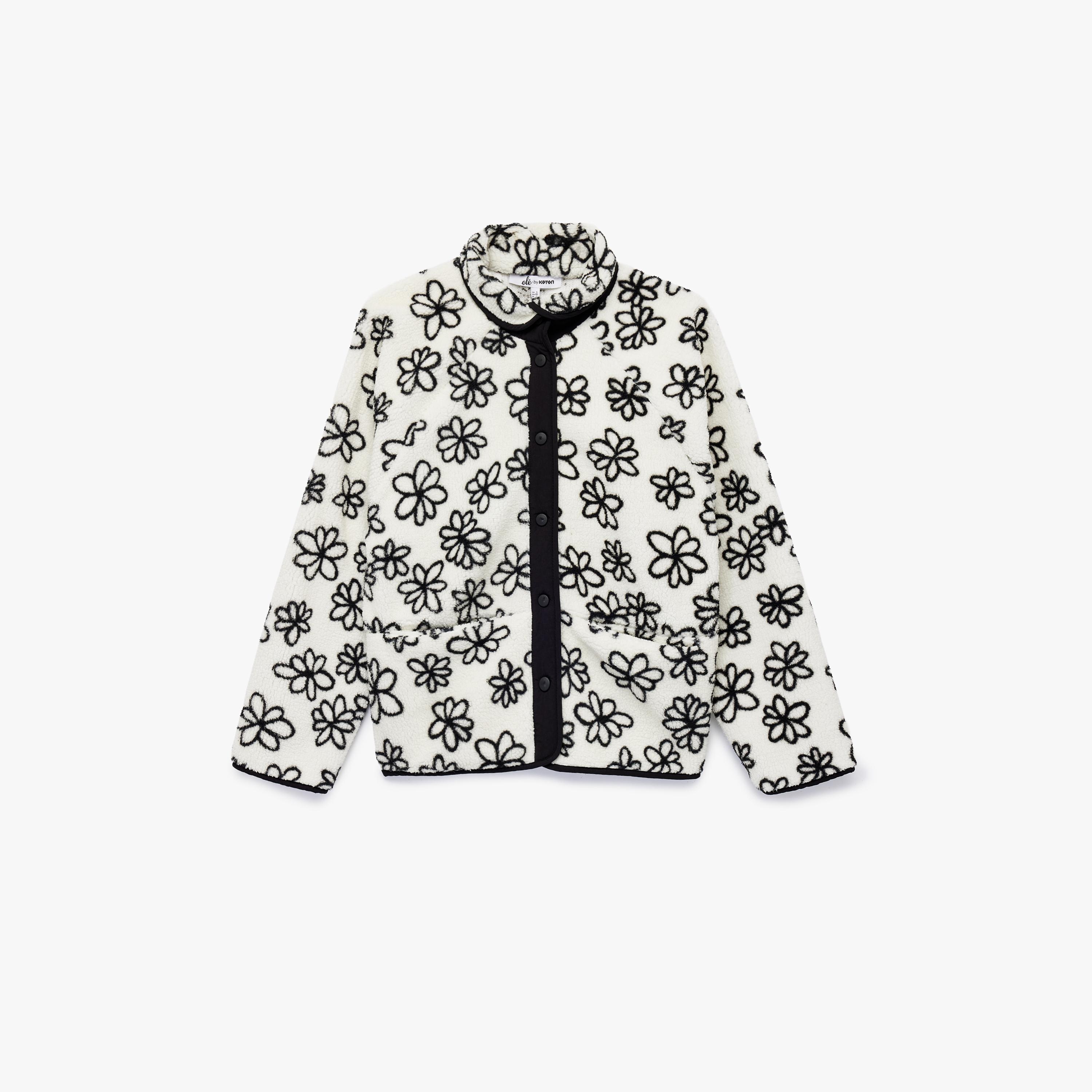 KOTON Black Floral Plush Collared Women's Coat-women-winterwear-coatsandjackets-coats-image-4