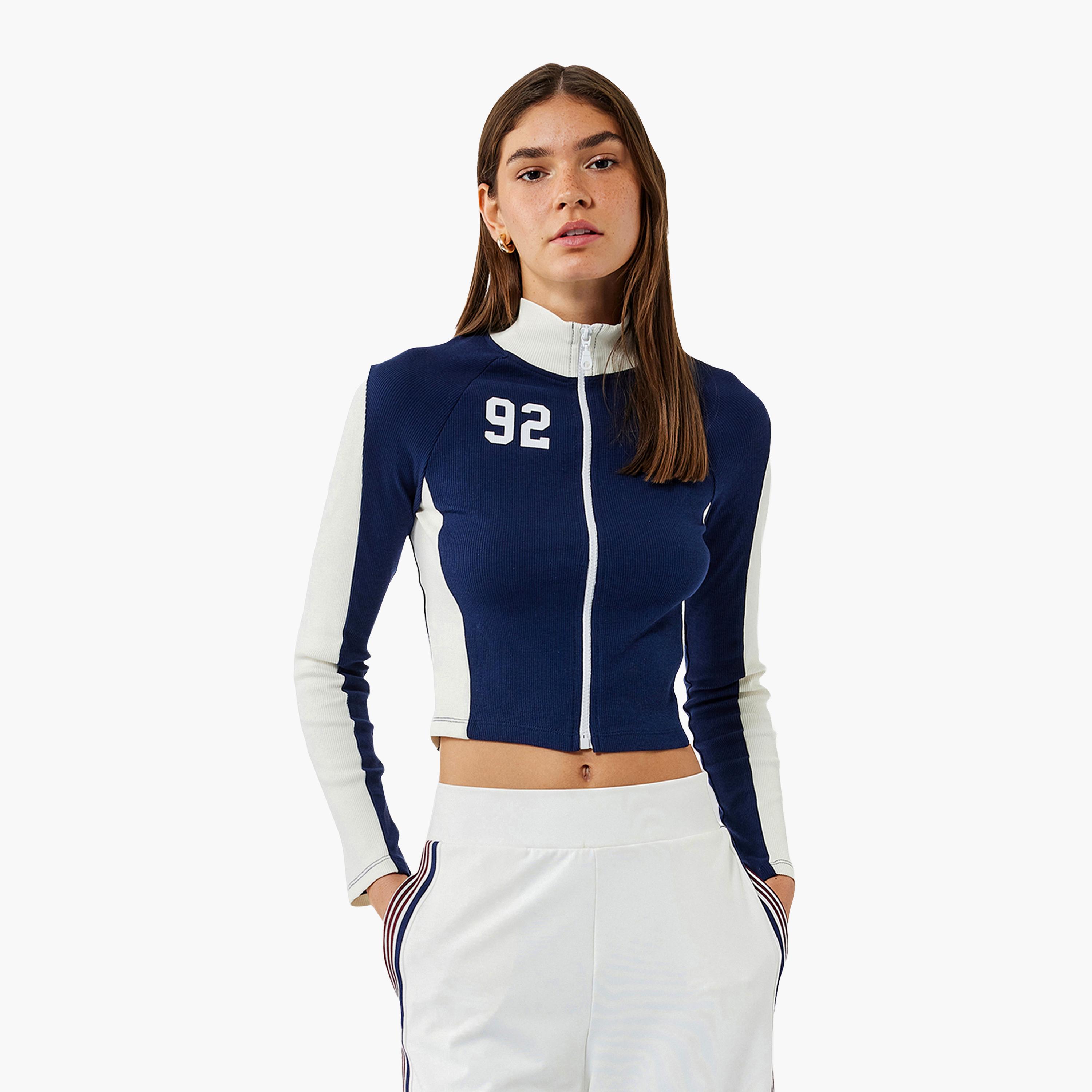 KOTON Blue Color-Blocked High Neck Women's Jacket-women-winterwear-coatsandjackets-jackets-image-1