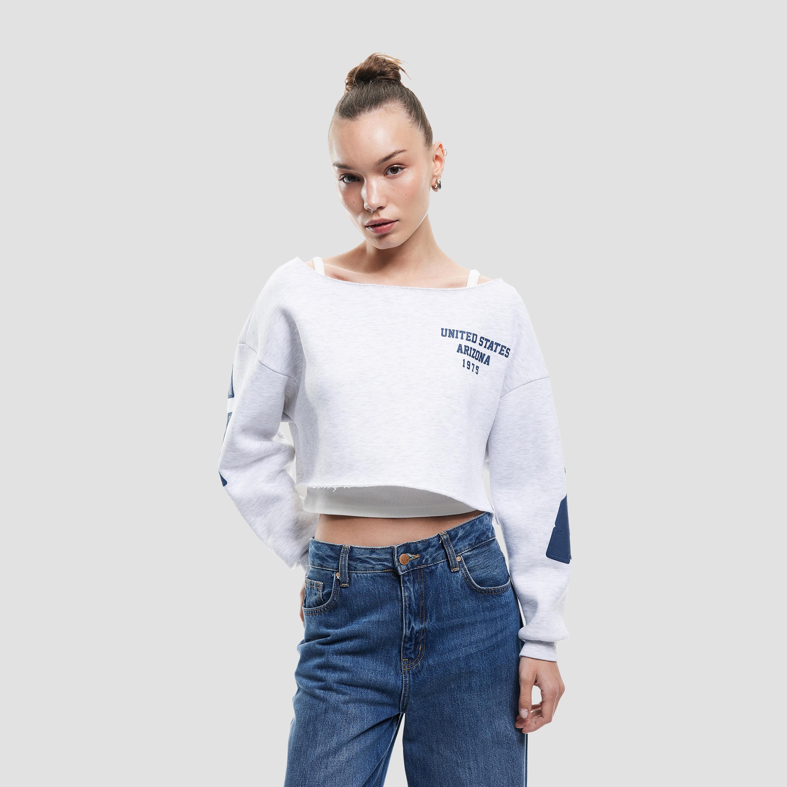 KOTON Grey Graphic Text-Print Dropped Sleeves Women's Cropped Sweatshirt-women-clothing-hoodiesandsweatshirts-sweatshirts-image-1