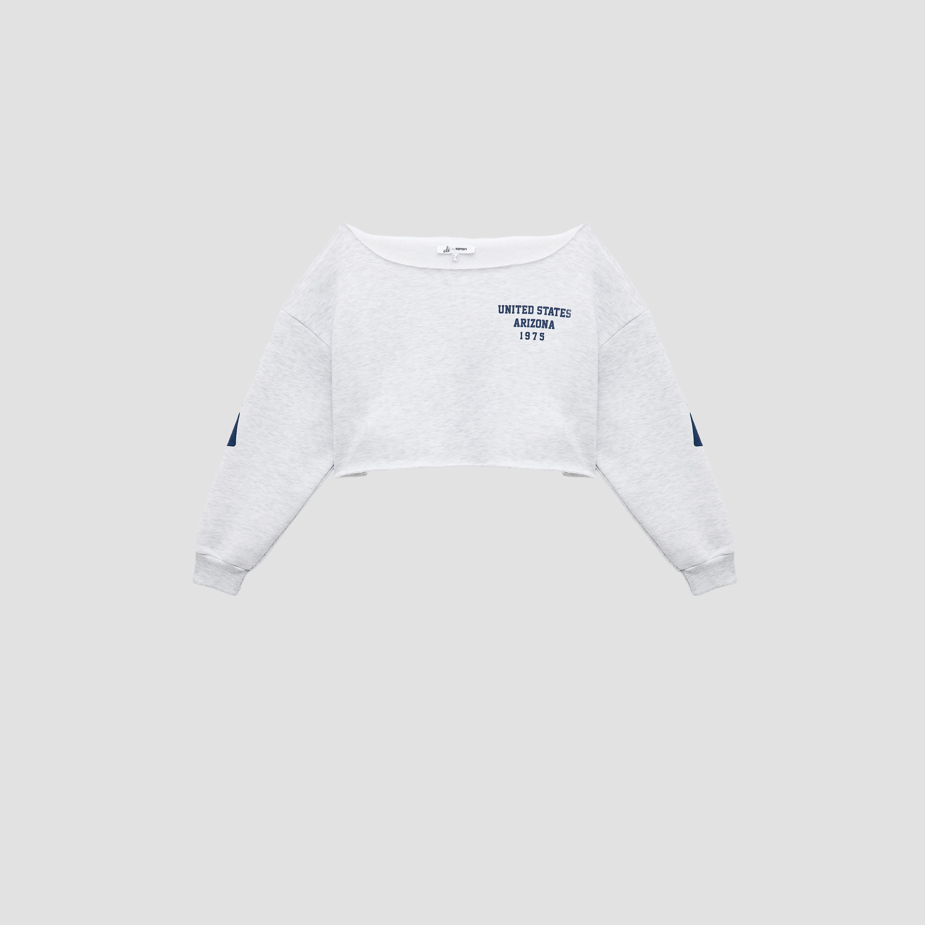 KOTON Grey Graphic Text-Print Dropped Sleeves Women's Cropped Sweatshirt-women-clothing-hoodiesandsweatshirts-sweatshirts-image-4