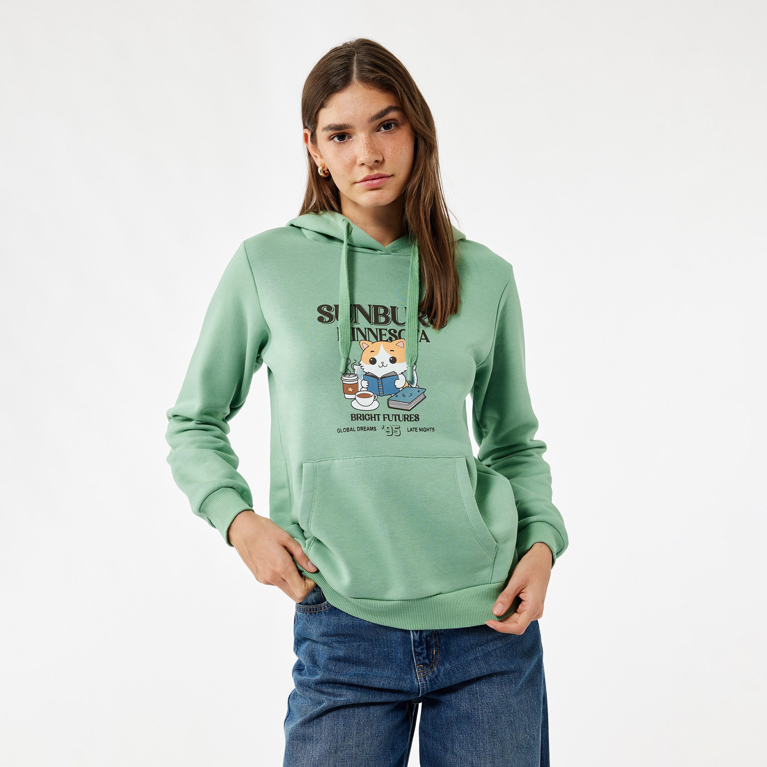 KOTON Green Graphic Print Hooded Neck Women's Hoodie-women-clothing-hoodiesandsweatshirts-hoodies-image-1