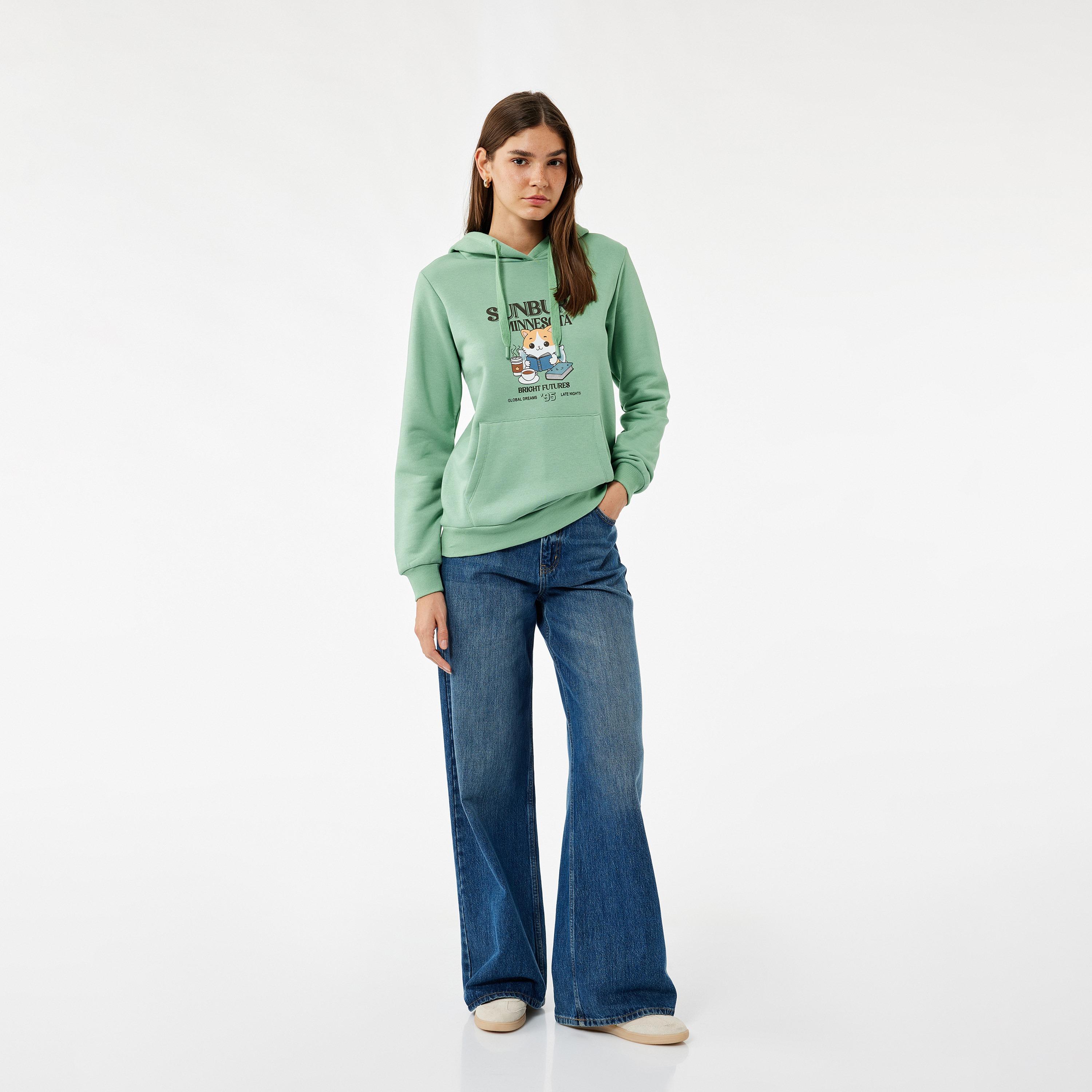 KOTON Green Graphic Print Hooded Neck Women's Hoodie-women-clothing-hoodiesandsweatshirts-hoodies-image-2