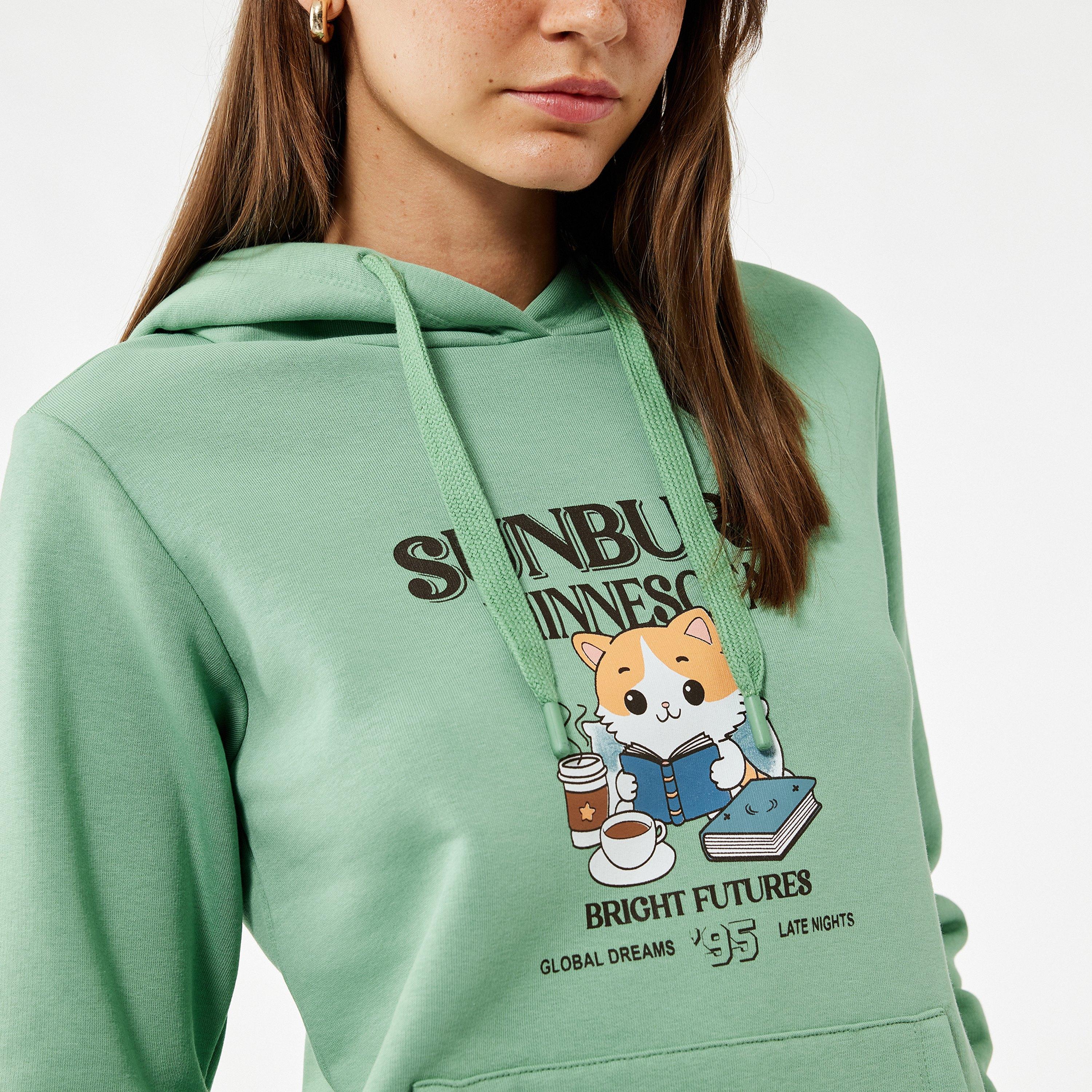 KOTON Green Graphic Print Hooded Neck Women's Hoodie-women-clothing-hoodiesandsweatshirts-hoodies-image-3