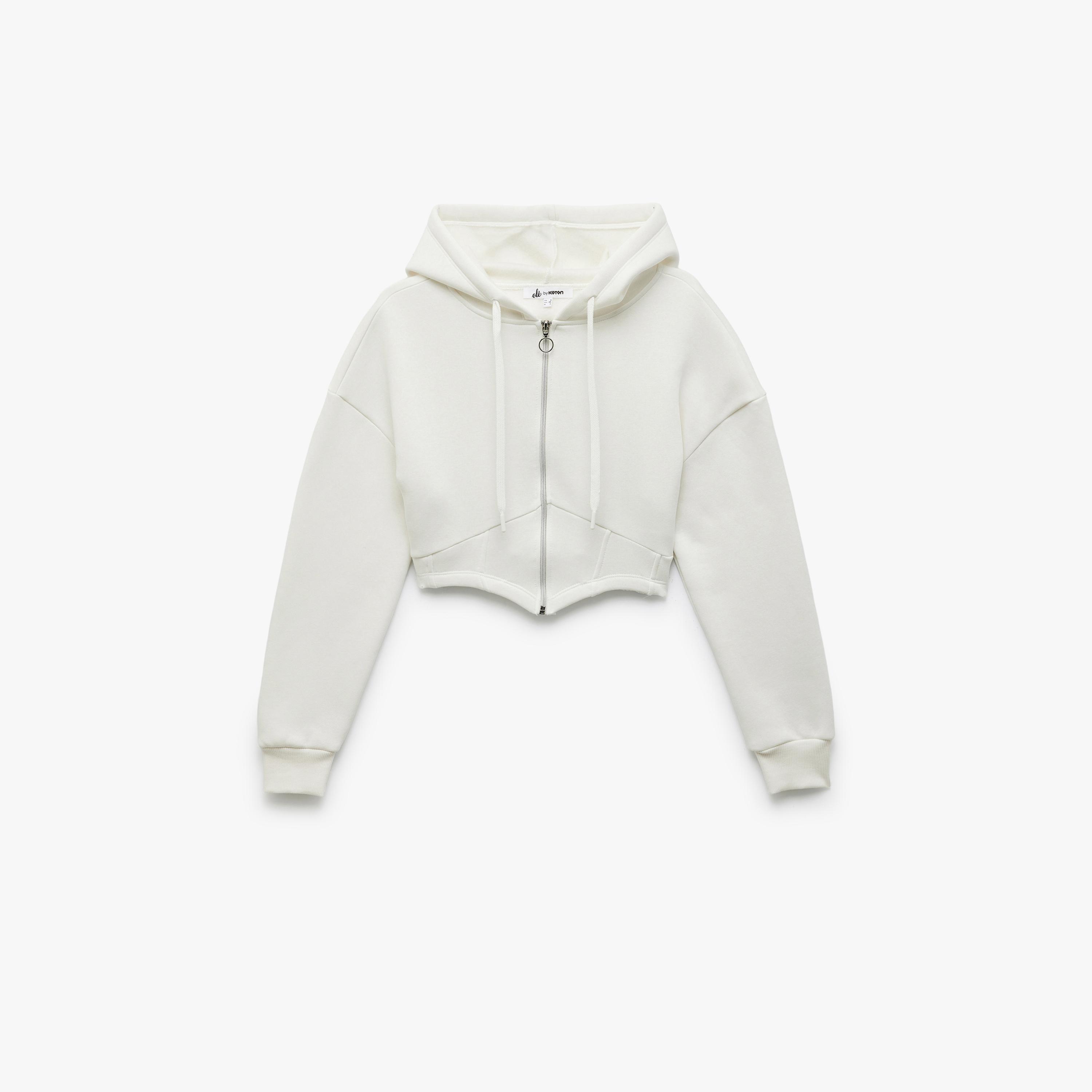 KOTON White Hooded Neck Dropped Sleeves Women's Cropped Hoodie-women-clothing-hoodiesandsweatshirts-hoodies-image-4