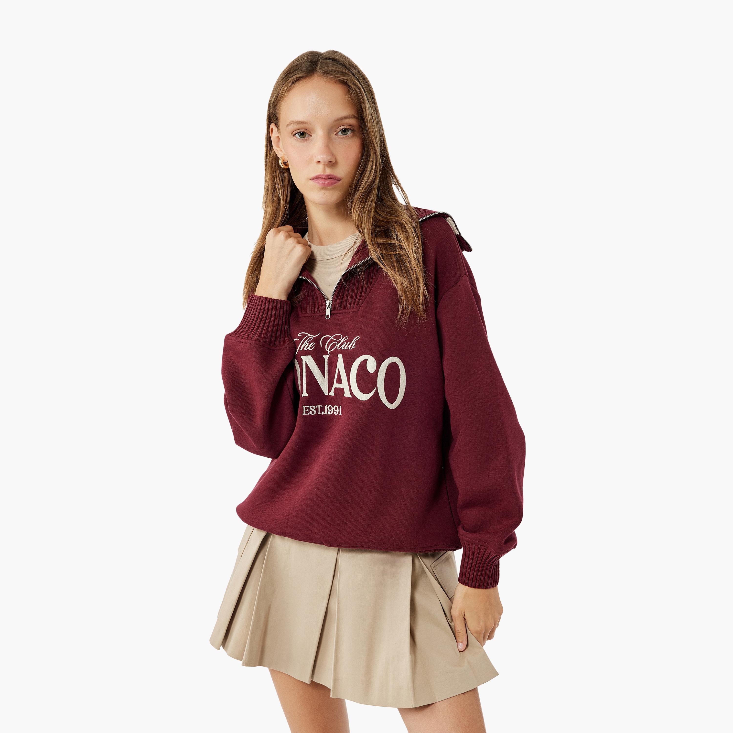 KOTON Red Text-Print Collared Women's Sweatshirt-women-winterwear-hoodiesandsweatshirts-sweatshirts-image-1