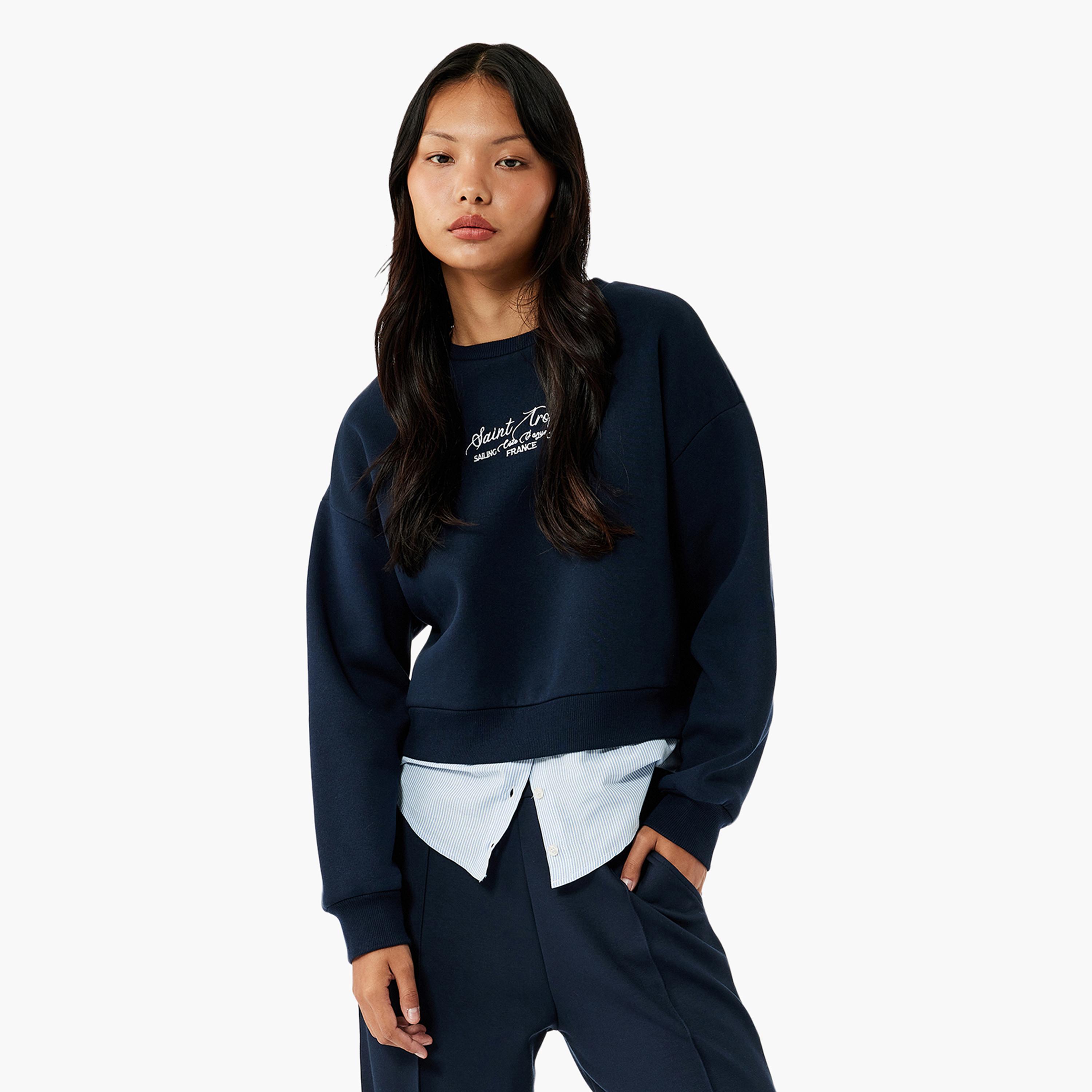 KOTON Blue Embroidered-Text Women's Sweatshirt With Shirt Hem-women-clothing-hoodiesandsweatshirts-sweatshirts-image-1
