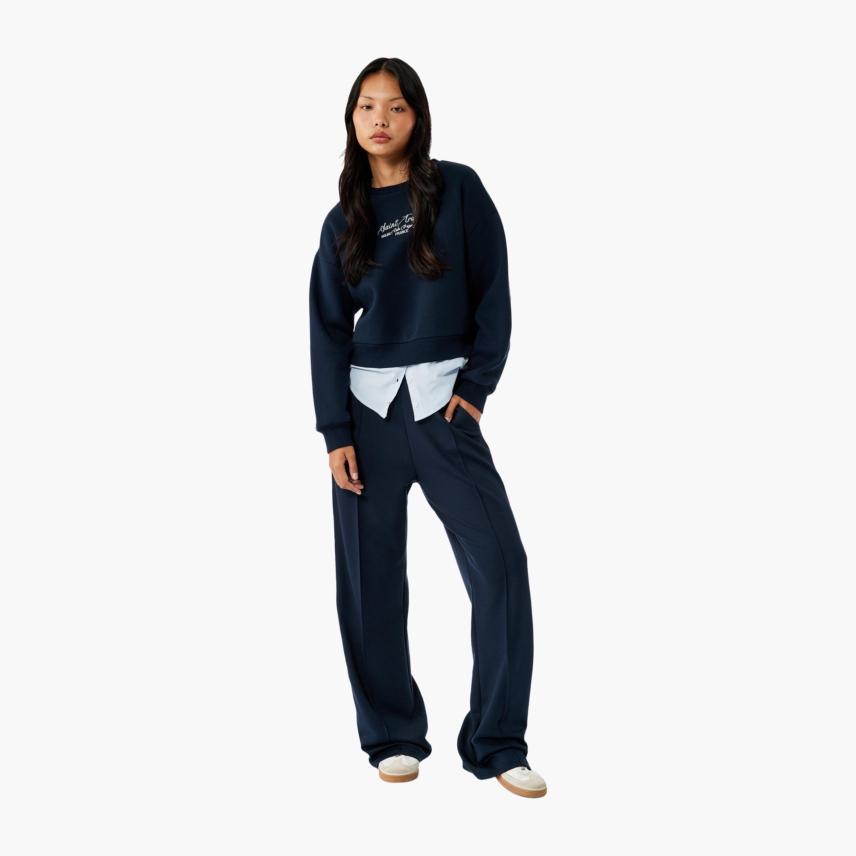 KOTON Blue Embroidered-Text Women's Sweatshirt With Shirt Hem-women-clothing-hoodiesandsweatshirts-sweatshirts-image-2
