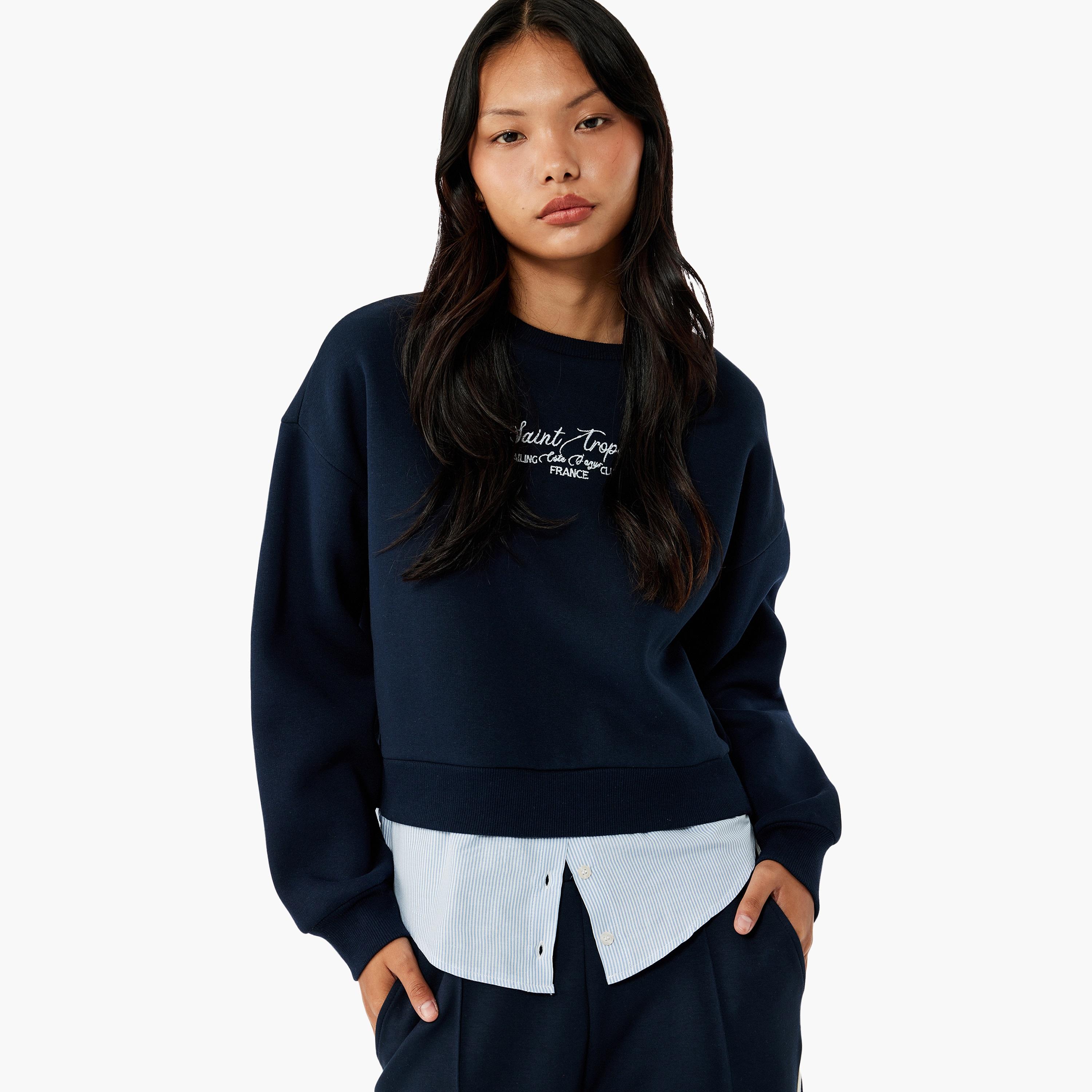 KOTON Blue Embroidered-Text Women's Sweatshirt With Shirt Hem-women-clothing-hoodiesandsweatshirts-sweatshirts-image-3