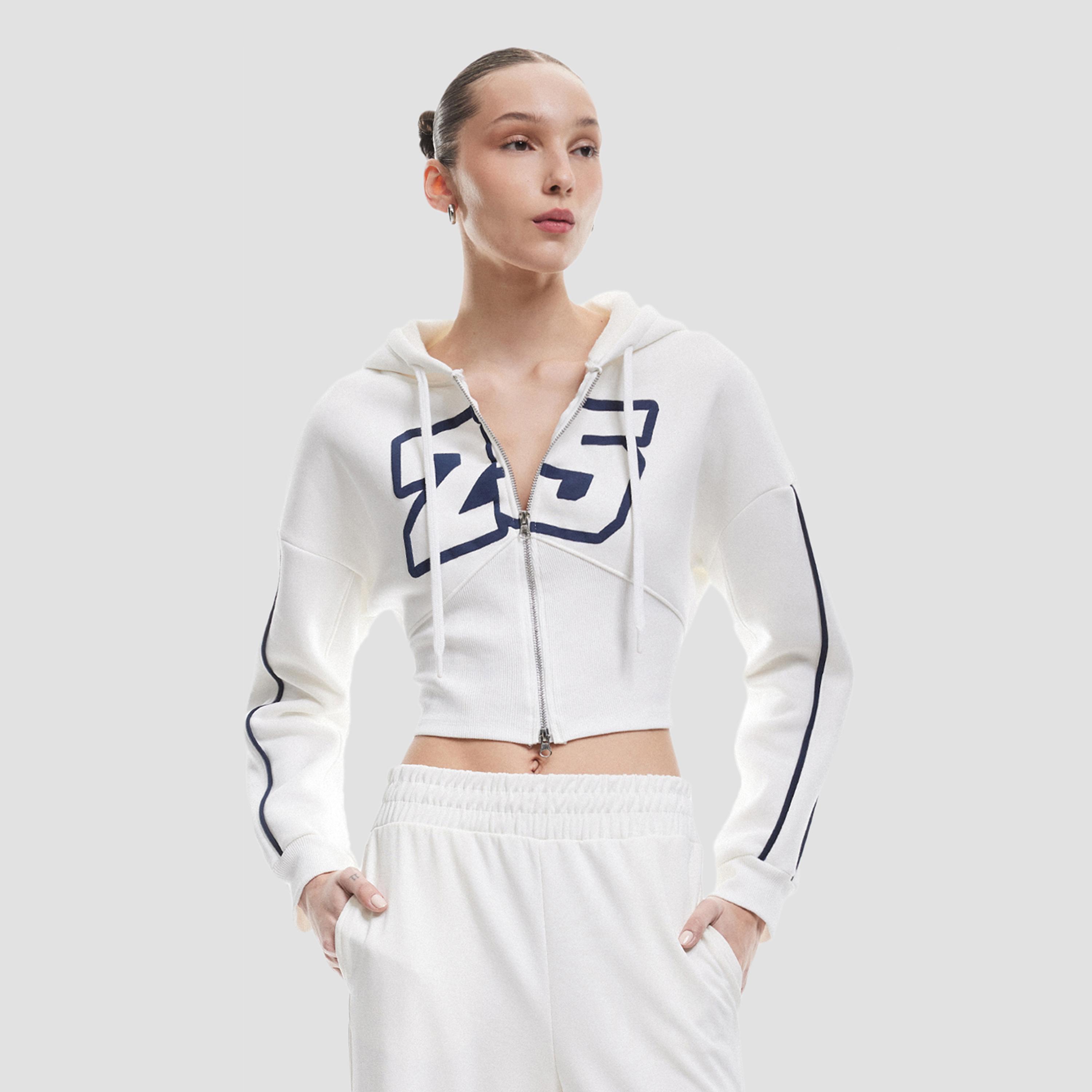 KOTON White Printed Hooded Neck Dropped Sleeves Women's Zip Through Varsity Sweatshirt-women-clothing-hoodiesandsweatshirts-sweatshirts-image-1
