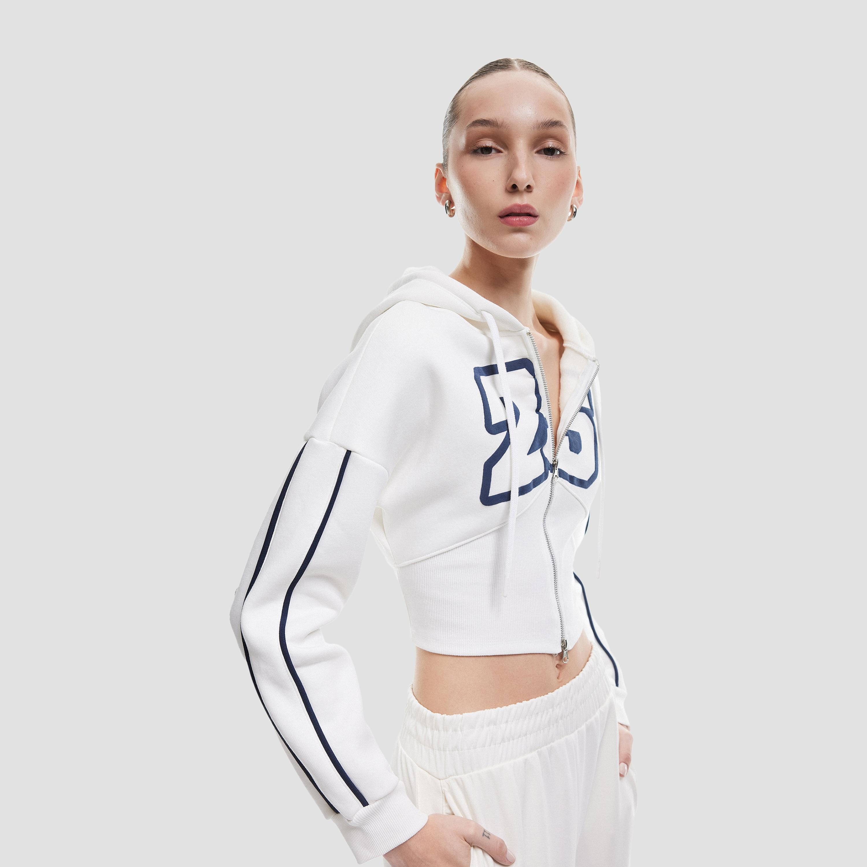 KOTON White Printed Hooded Neck Dropped Sleeves Women's Zip Through Varsity Sweatshirt-women-clothing-hoodiesandsweatshirts-sweatshirts-image-3