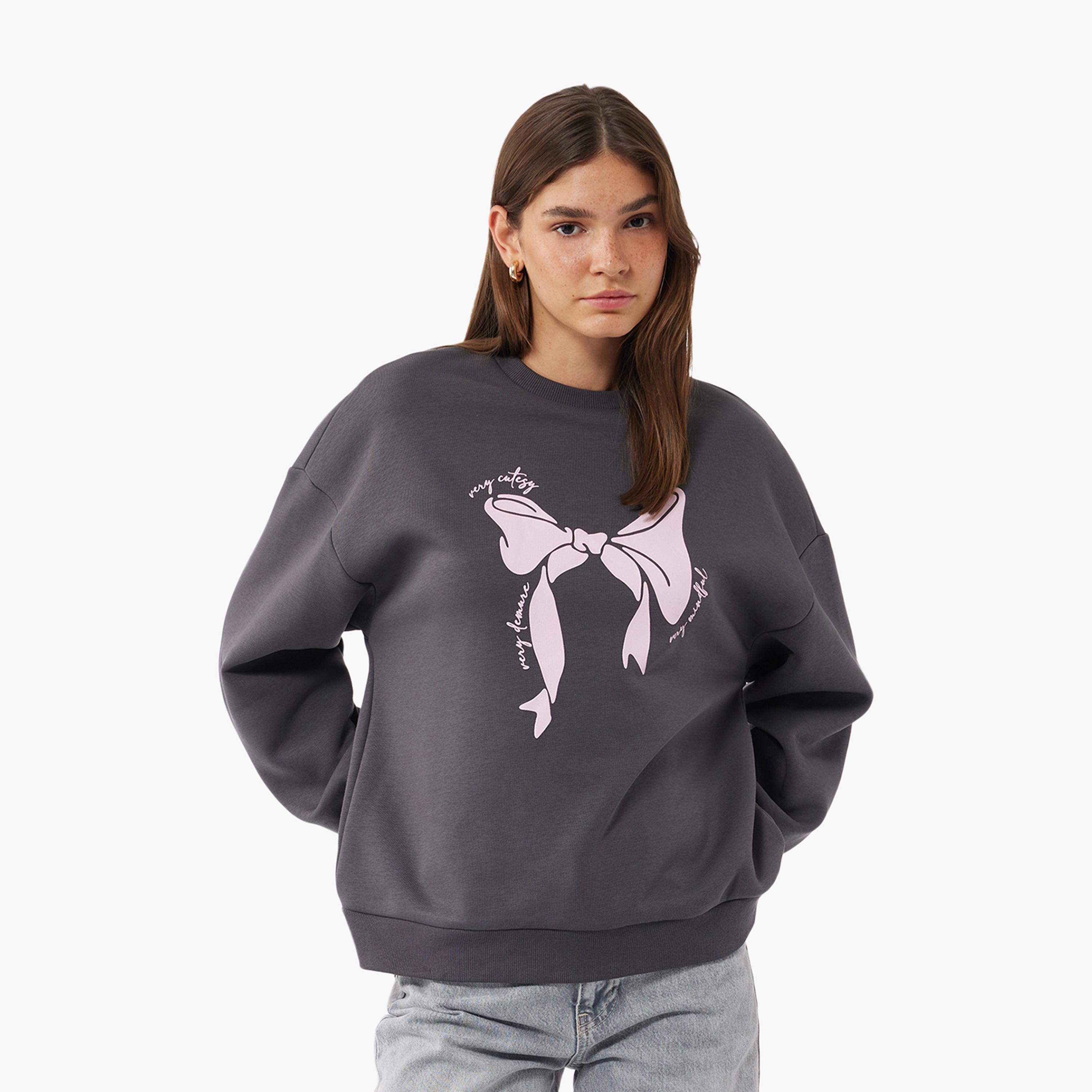 KOTON Charcoal Graphic Bow Print Dropped Sleeves Women's Sweatshirt-women-clothing-hoodiesandsweatshirts-sweatshirts-image-1