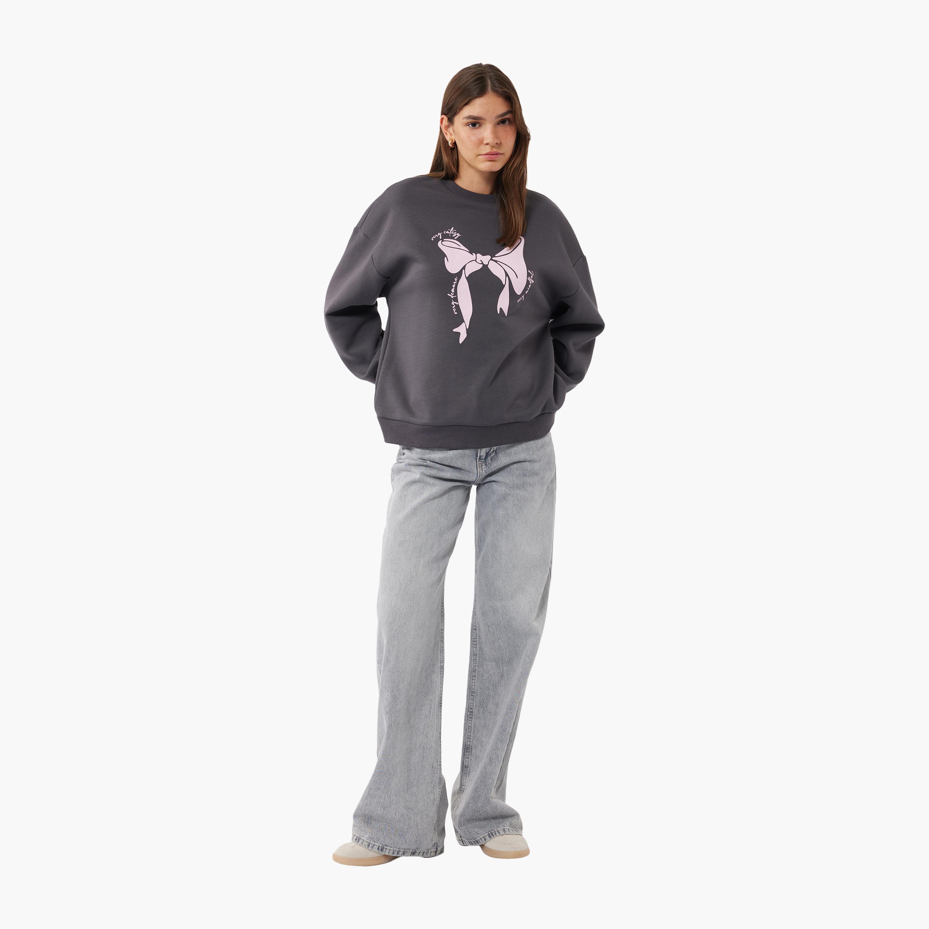 KOTON Charcoal Graphic Bow Print Dropped Sleeves Women's Sweatshirt-women-clothing-hoodiesandsweatshirts-sweatshirts-image-2