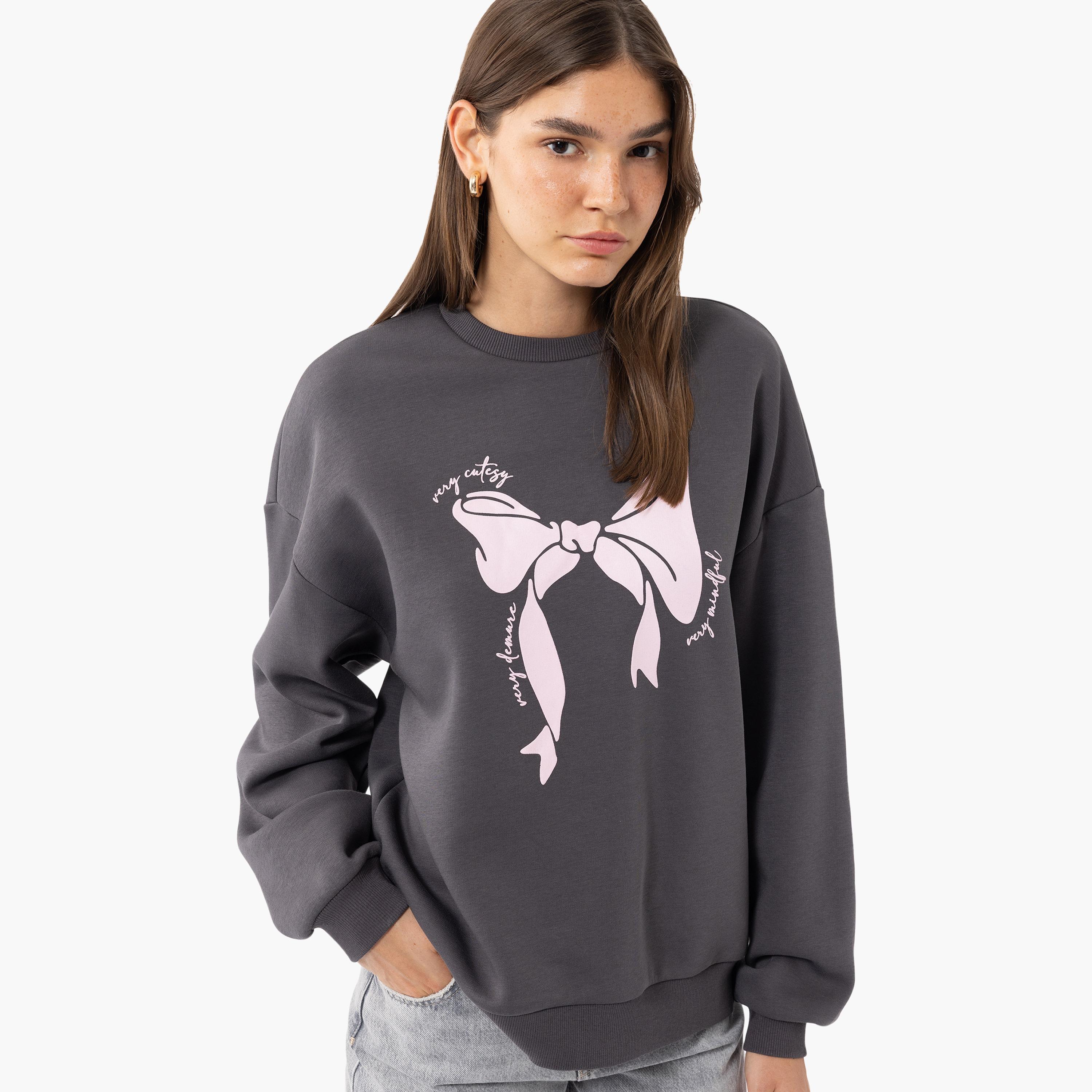KOTON Charcoal Graphic Bow Print Dropped Sleeves Women's Sweatshirt-women-clothing-hoodiesandsweatshirts-sweatshirts-image-3