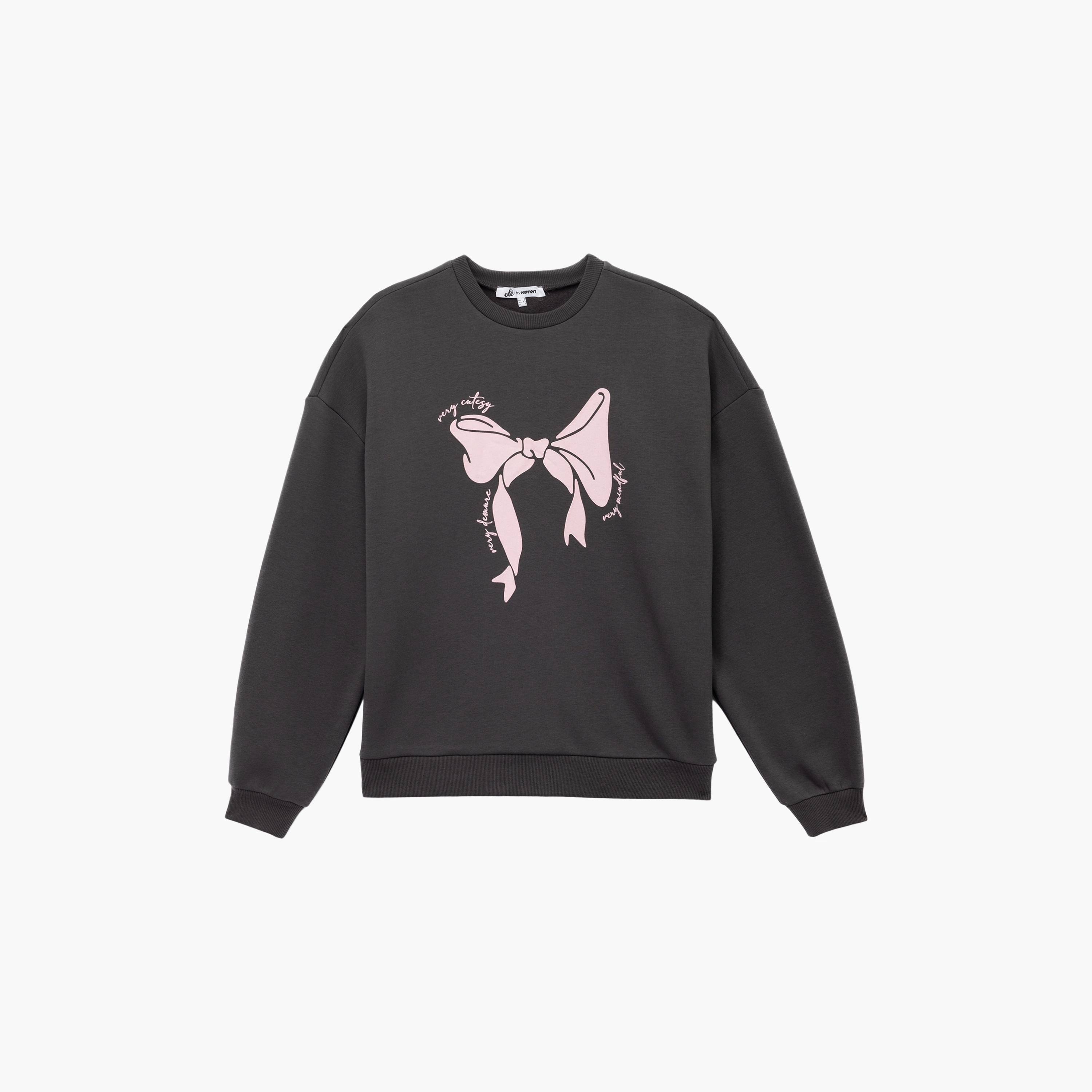 KOTON Charcoal Graphic Bow Print Dropped Sleeves Women's Sweatshirt-women-clothing-hoodiesandsweatshirts-sweatshirts-image-4