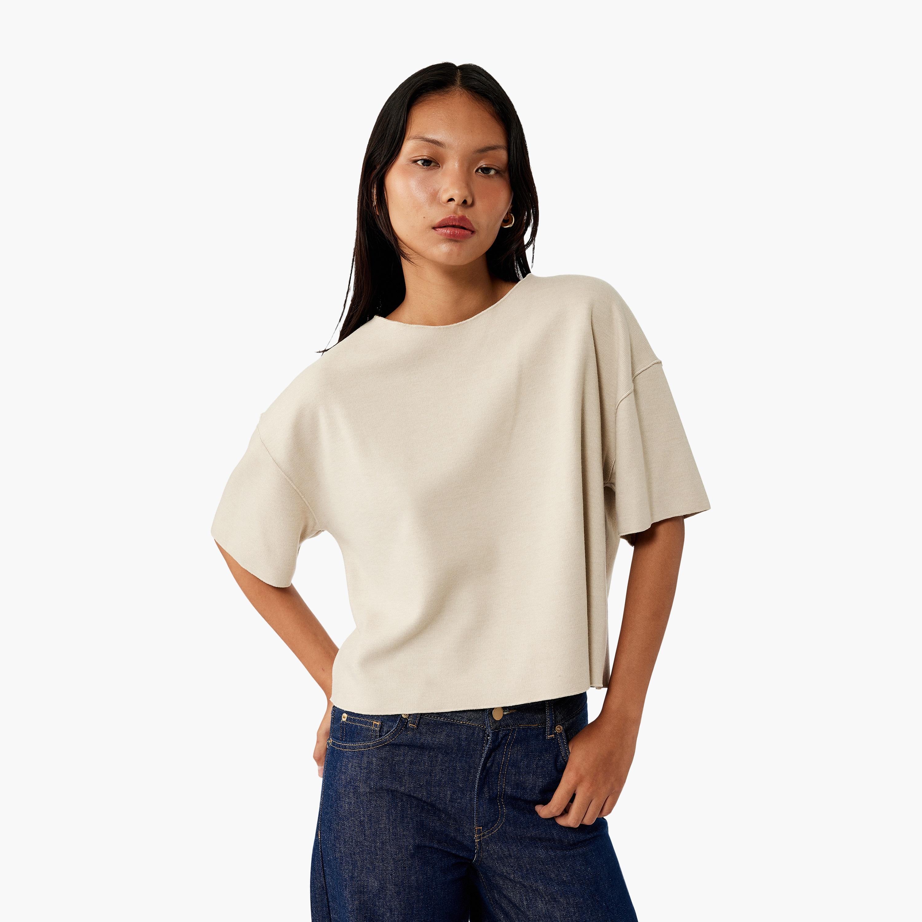 تي شيرت نسائي بأكمام منسدلة باللون البيج من كوتون-women-clothing-tshirts-image-1