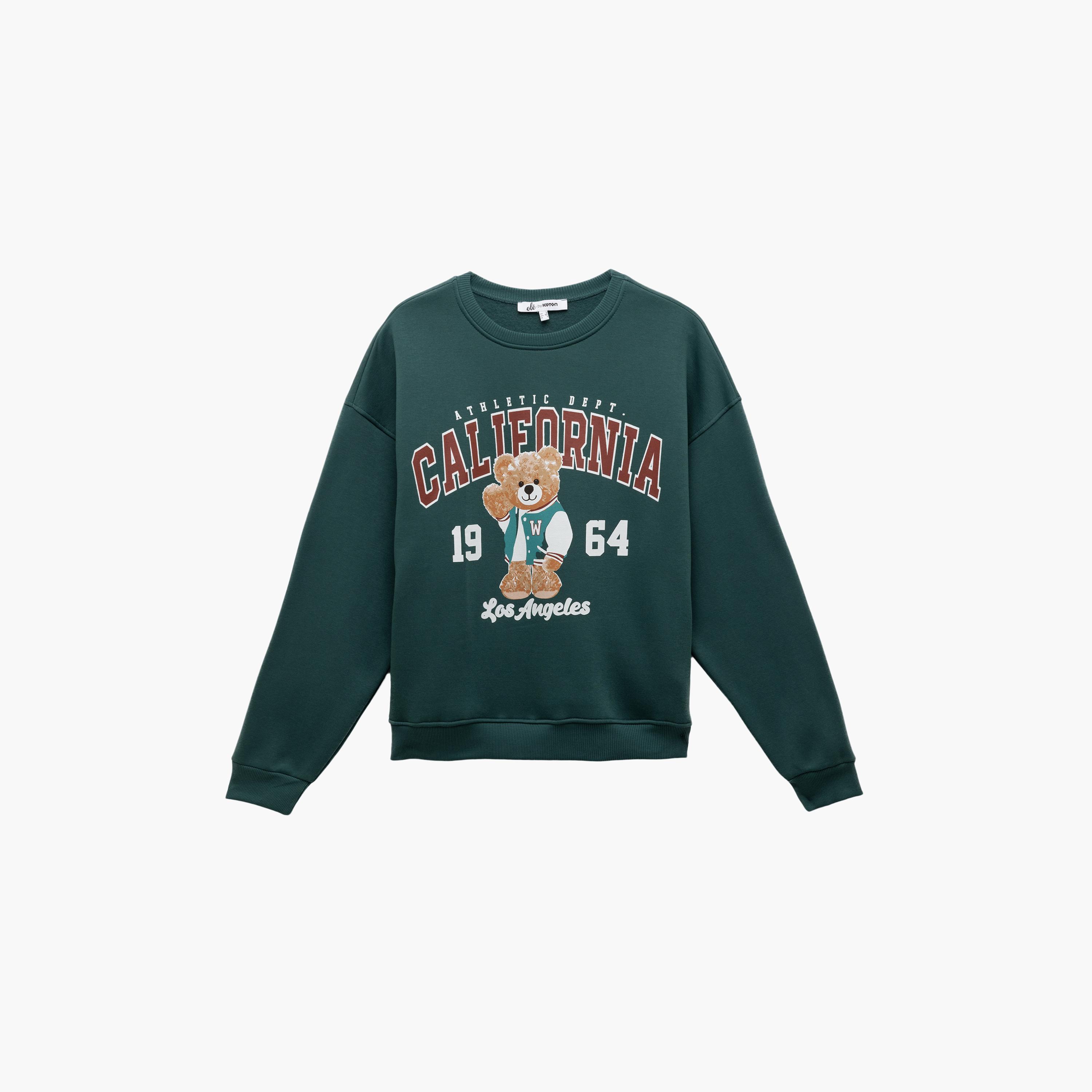 سويت شيرت نسائي بأكمام منسدلة وطبعة دب تيدي باللون الأخضر من كوتون-women-clothing-hoodiesandsweatshirts-sweatshirts-image-3