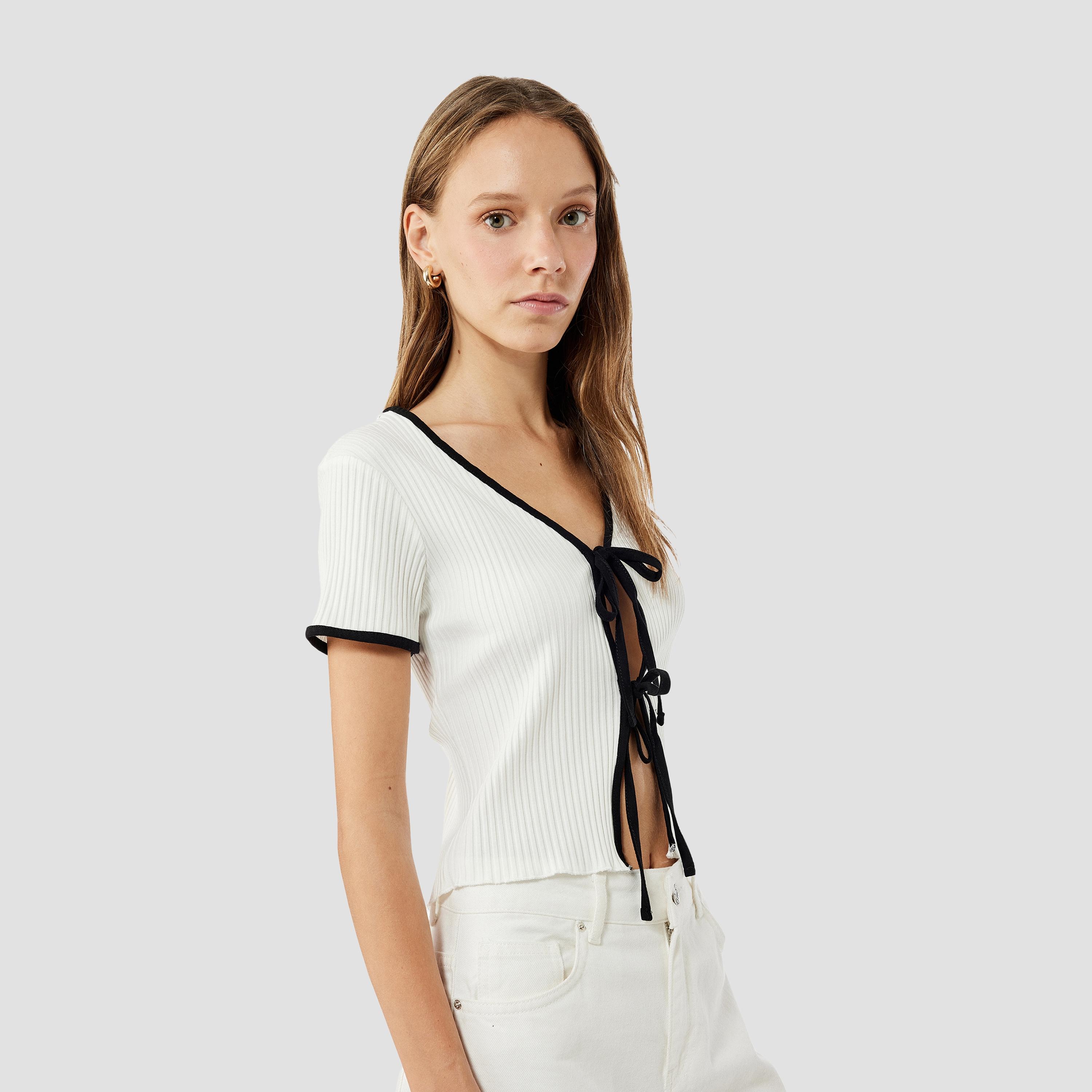 KOTON White Ribbed Tie-Up Neck Women's Top-women-clothing-shirtsandblouses-blouses-image-3