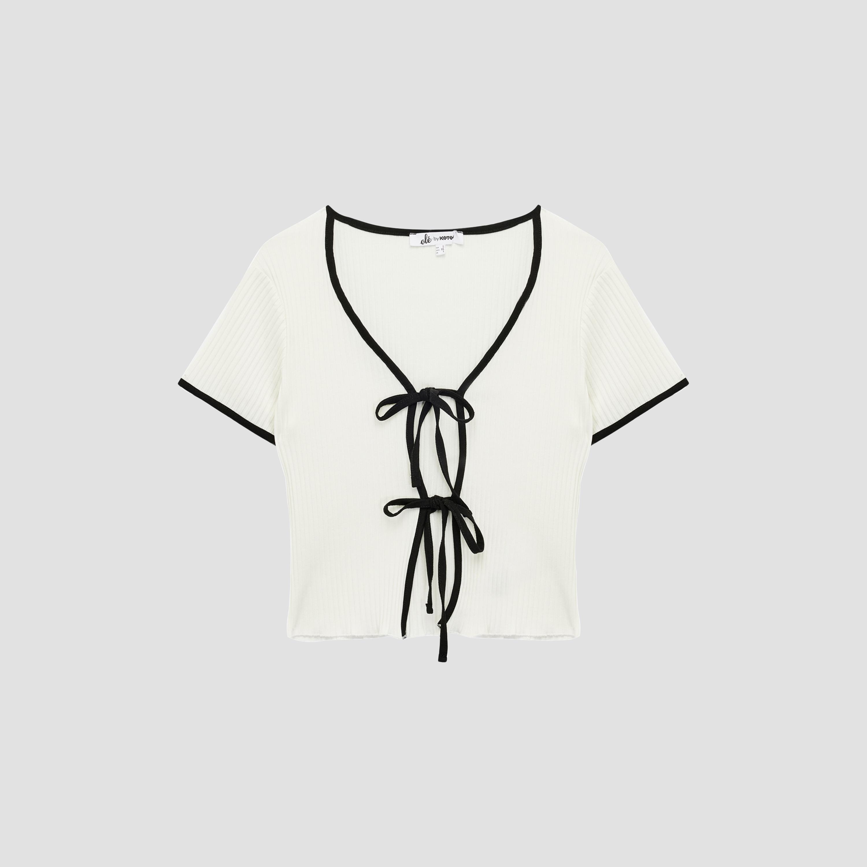 KOTON White Ribbed Tie-Up Neck Women's Top-women-clothing-shirtsandblouses-blouses-image-4