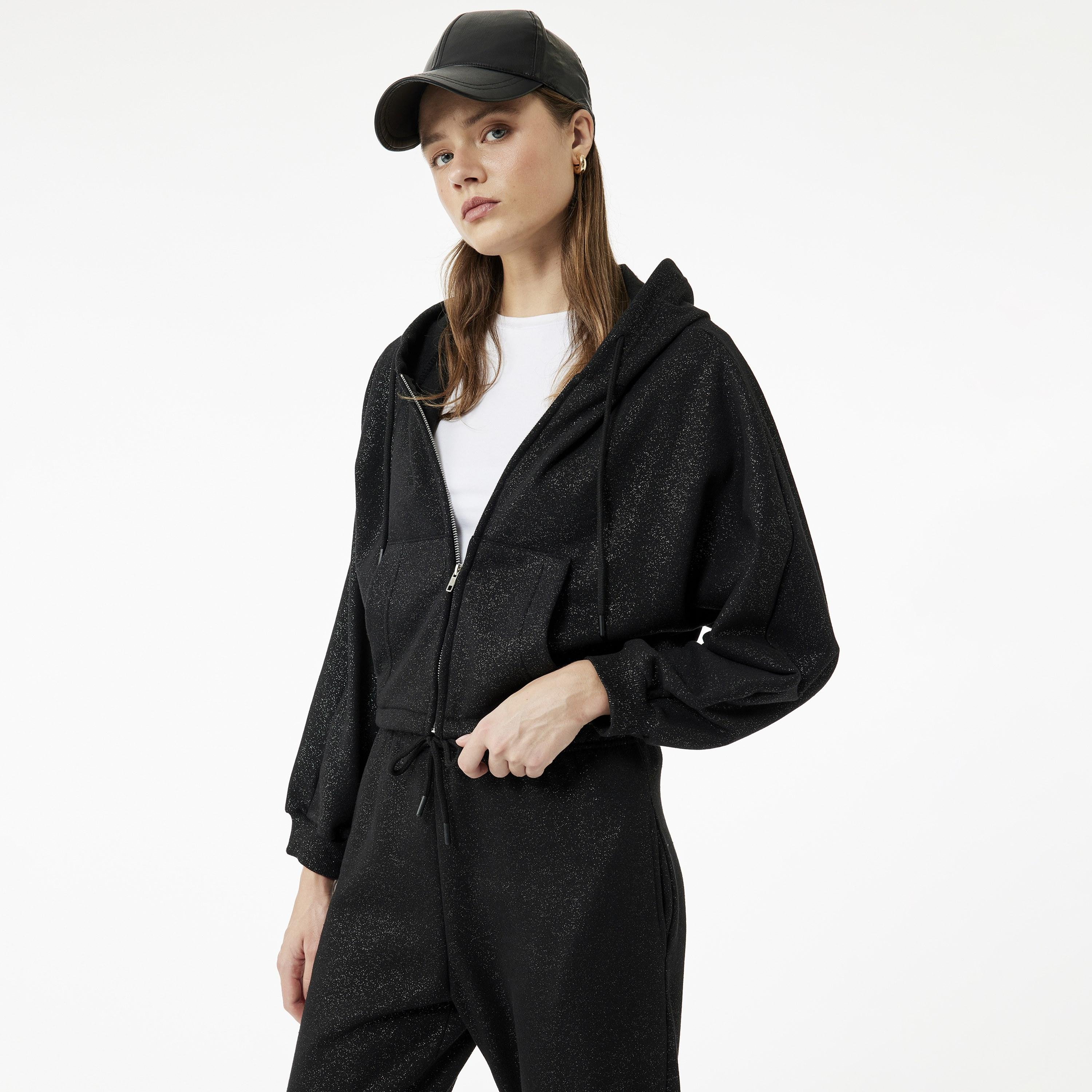 KOTON Black Text-Print Hooded Neck Women's Hoodie-women-clothing-hoodiesandsweatshirts-hoodies-image-1