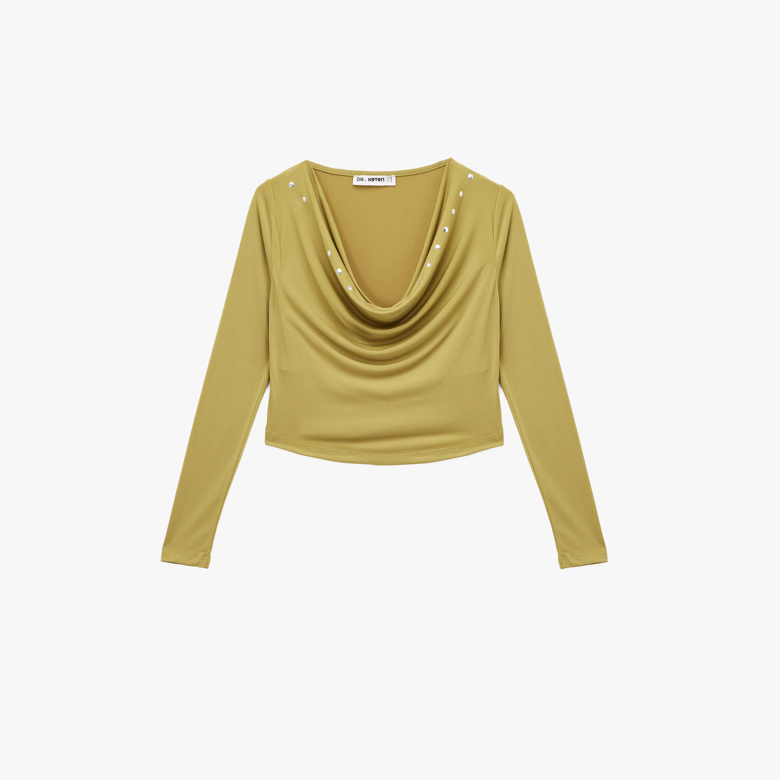 بلوزة نسائية بقصة رقبة منسدلة بلون أخضر من كوتون-women-clothing-shirtsandblouses-blouses-image-4