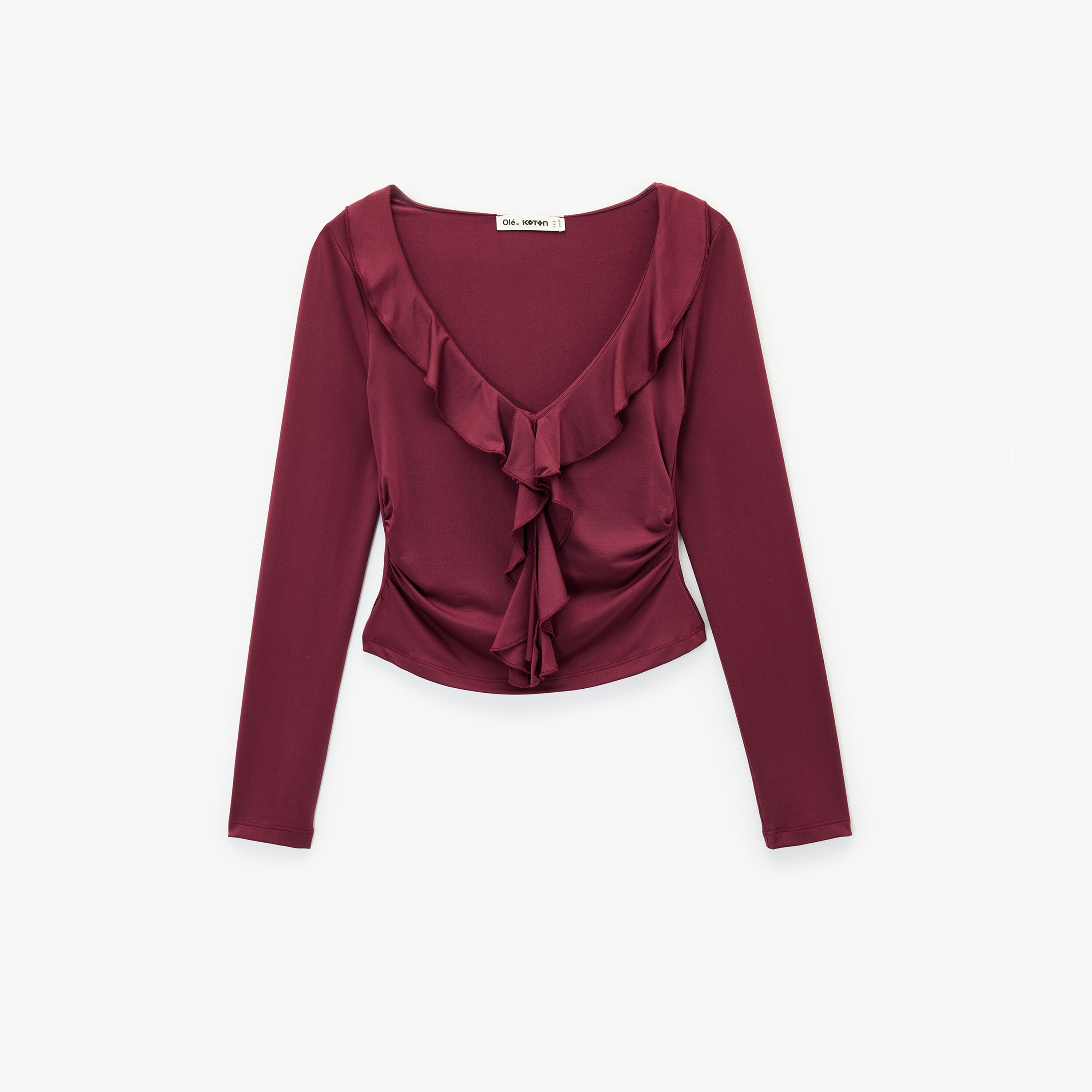 بلوزة نسائية مكشكشة بلون بورغندي من كوتون-women-clothing-shirtsandblouses-blouses-image-3