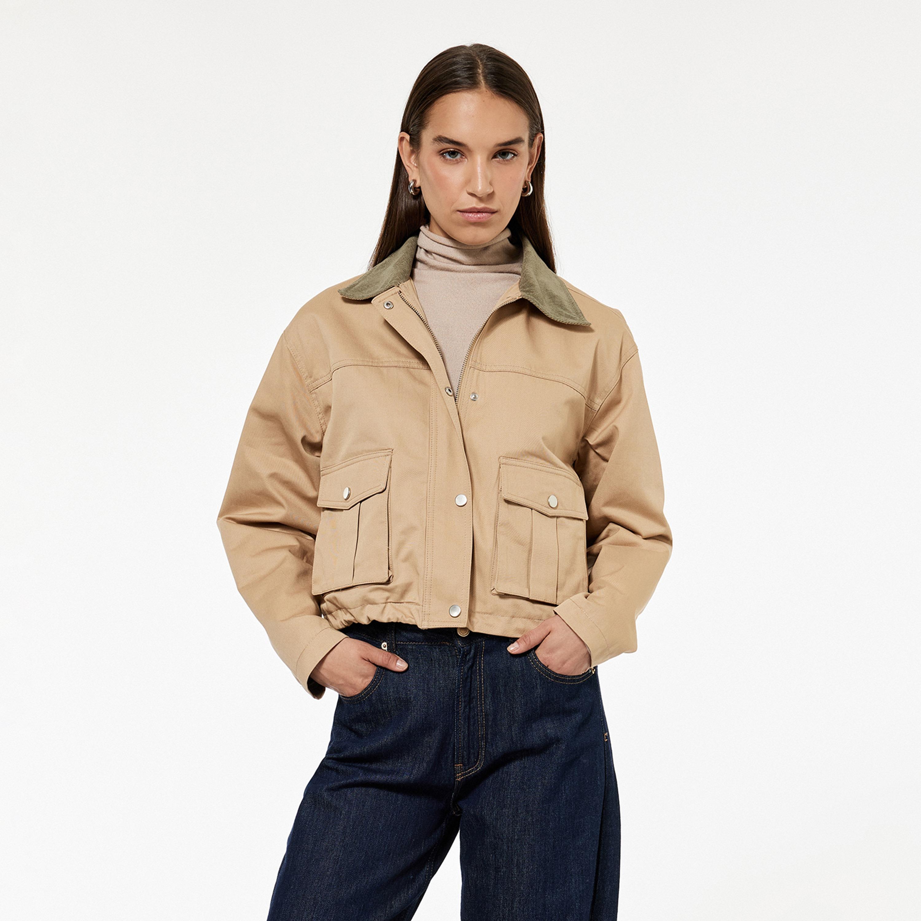 معطف نسائي بياقة متباينة بلون بيج من كوتون-women-winterwear-coatsandjackets-coats-image-1