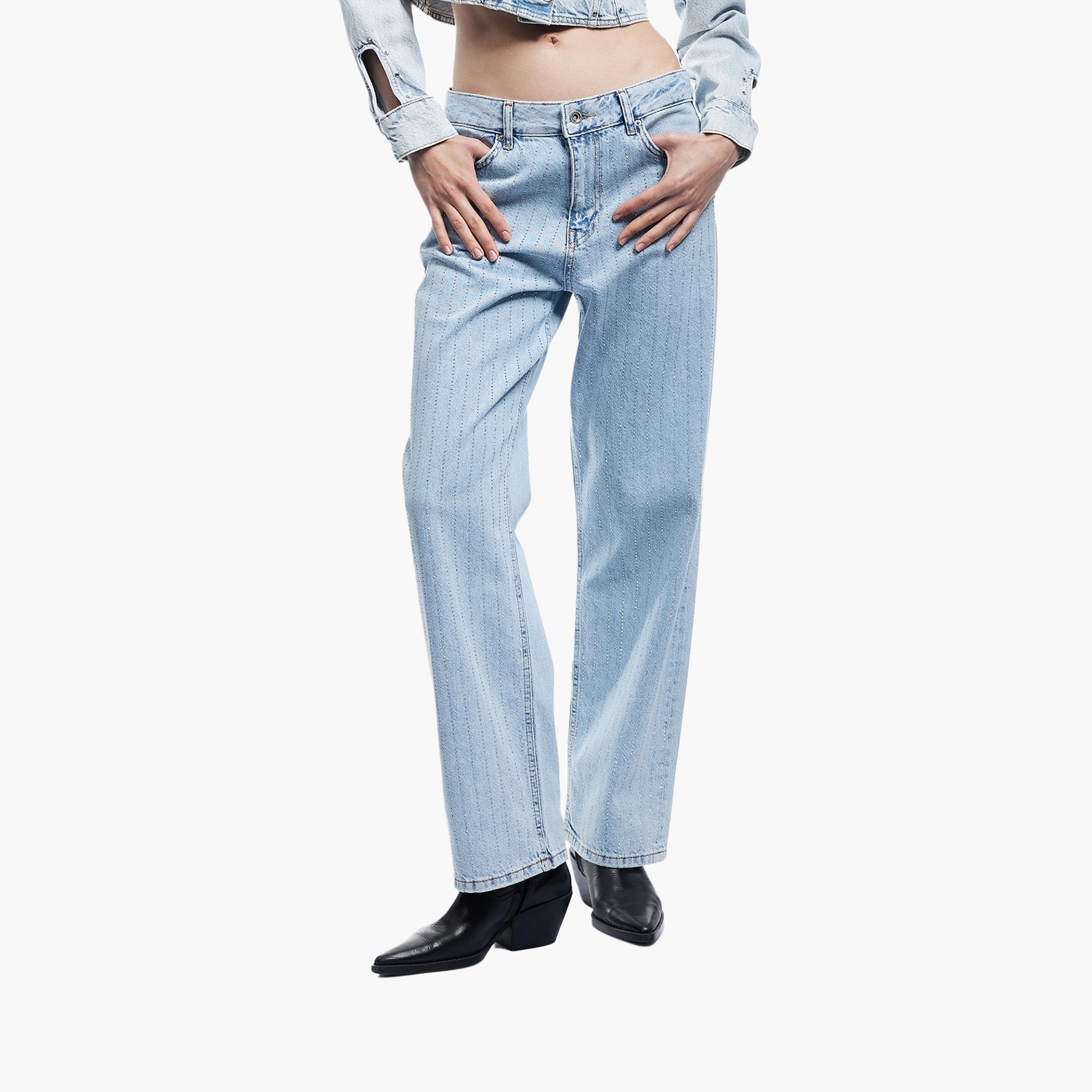 KOTON Straight Fit Stone Striped Mid-Rise Women's Jeans-women-clothing-bottoms-jeans-image-1