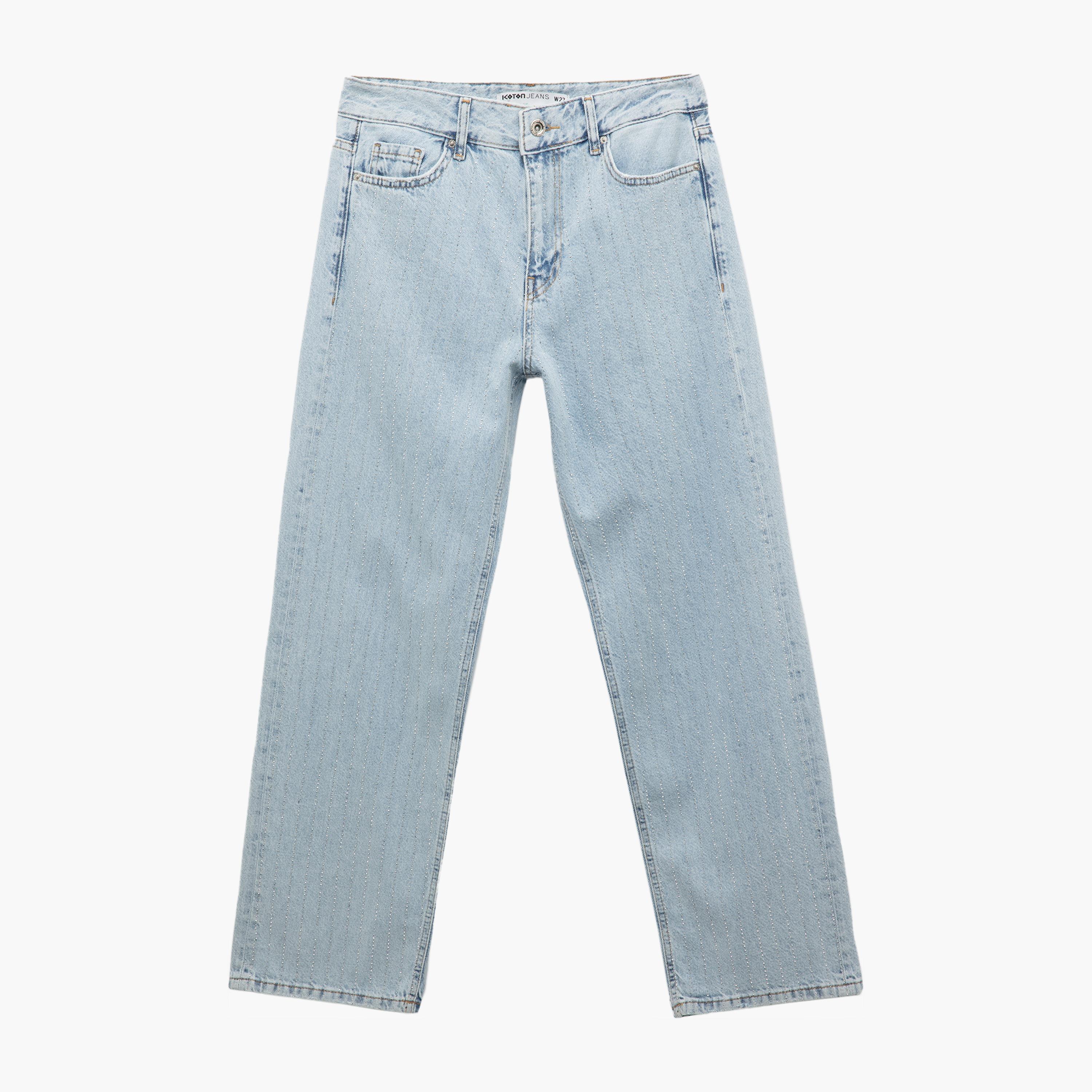 KOTON Straight Fit Stone Striped Mid-Rise Women's Jeans-women-clothing-bottoms-jeans-image-3