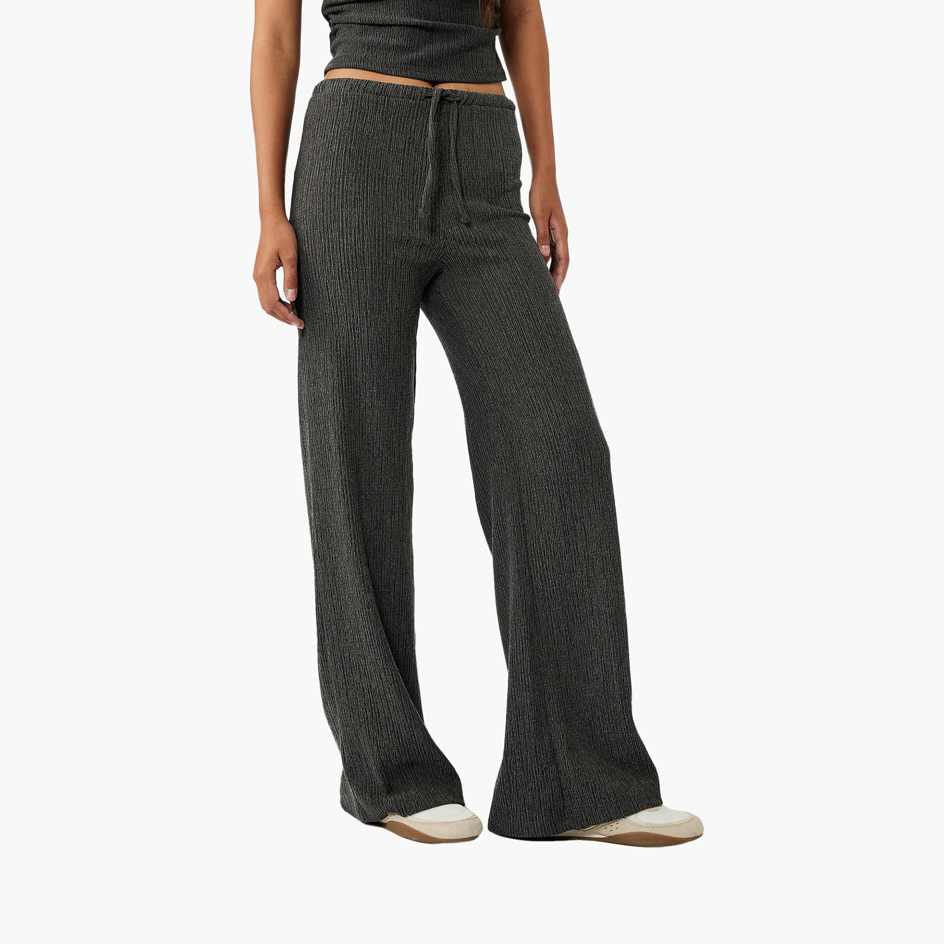 KOTON Grey Textured Drawstring Waist Women's Trousers-women-clothing-bottoms-trousers-image-1