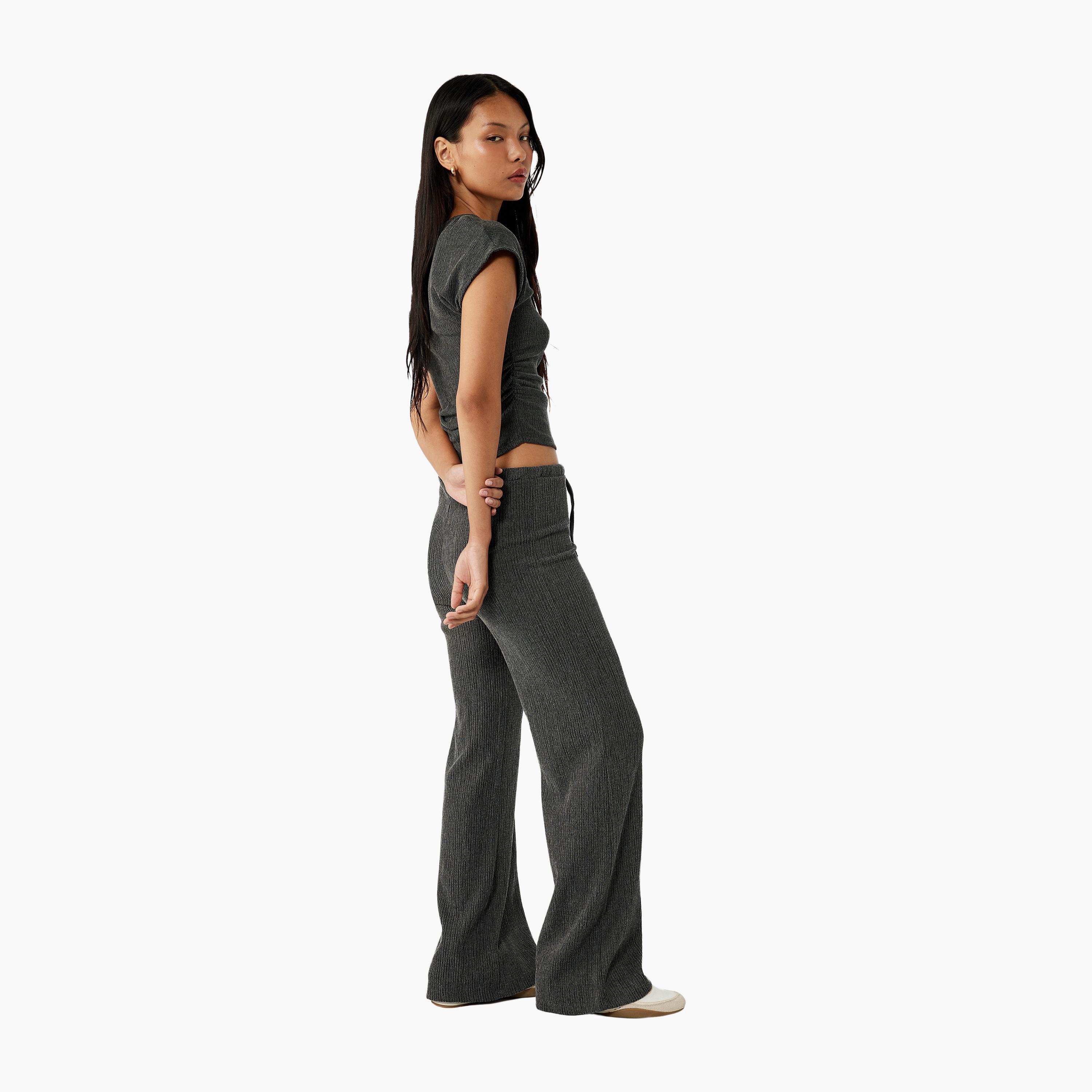 KOTON Grey Textured Drawstring Waist Women's Trousers-women-clothing-bottoms-trousers-image-2