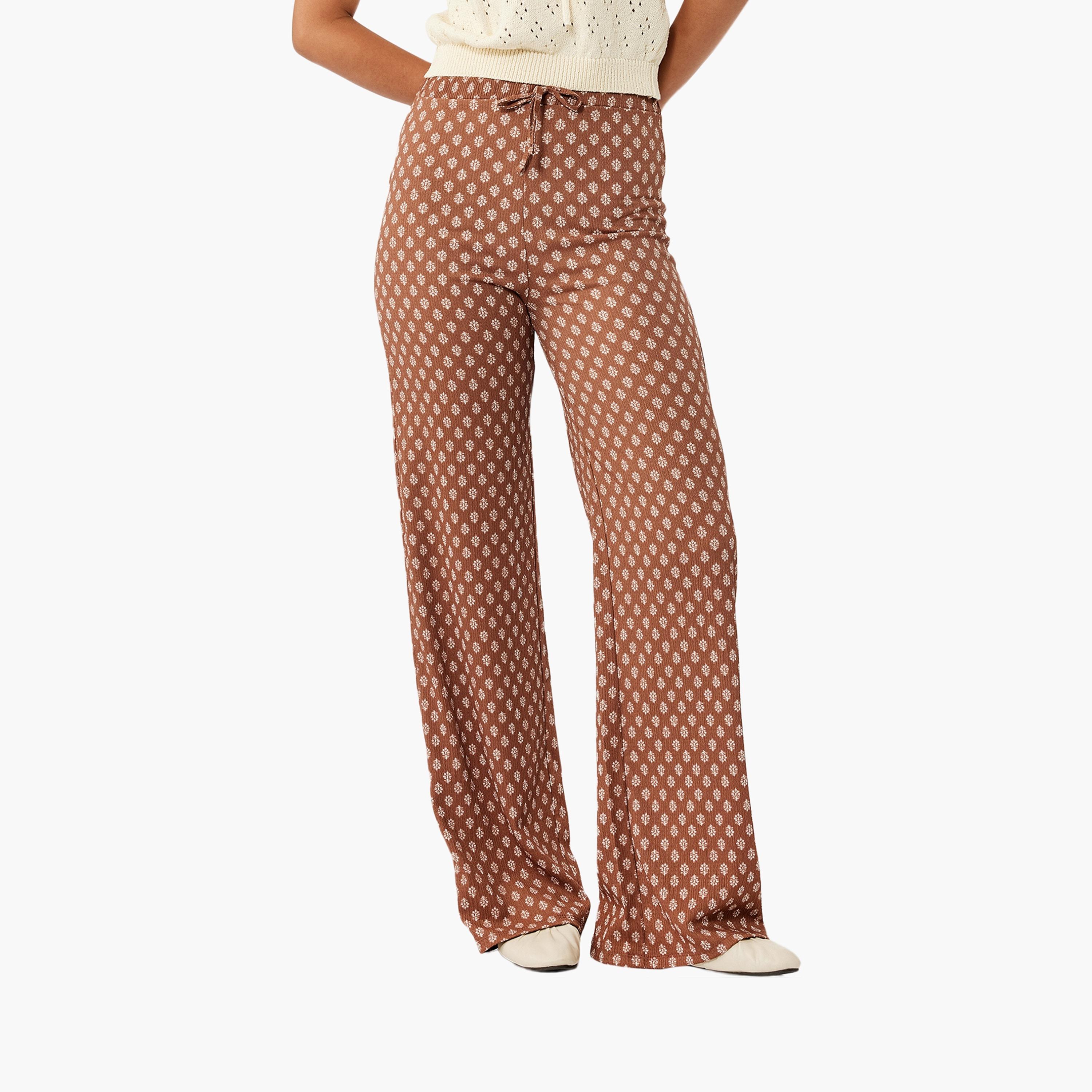 KOTON Brown Block Print Drawstring Waist Women's Trousers-women-clothing-bottoms-trousers-image-1