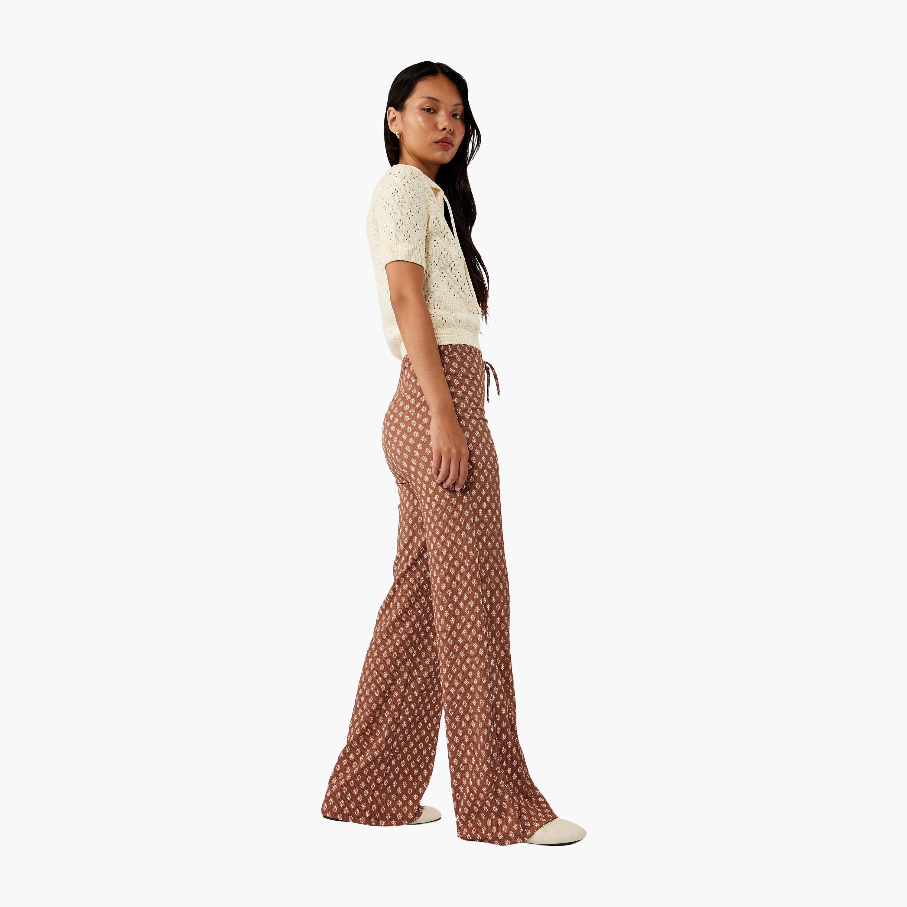KOTON Brown Block Print Drawstring Waist Women's Trousers-women-clothing-bottoms-trousers-image-2